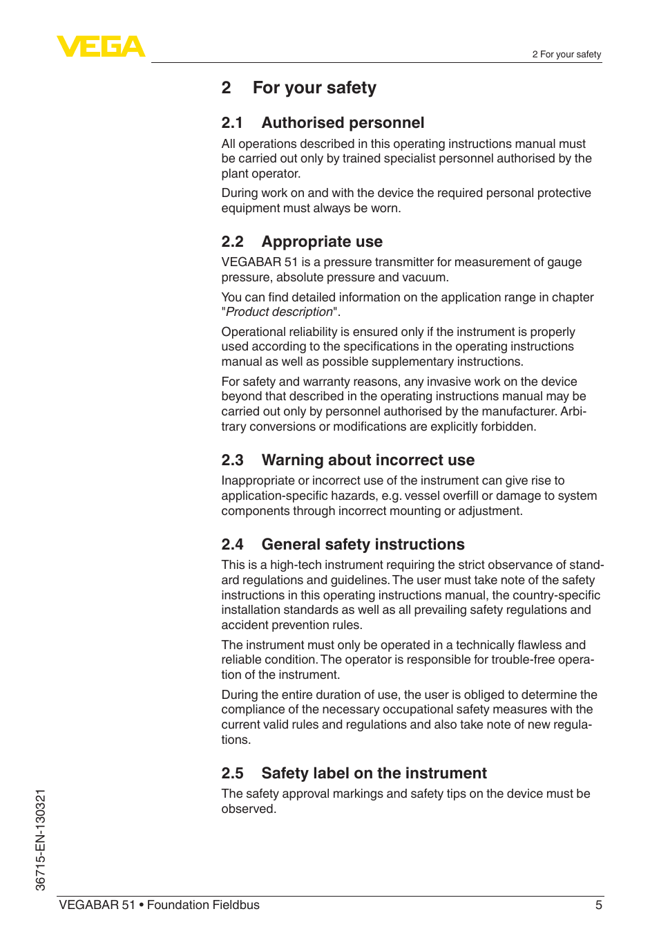 2 for your safety | VEGA VEGABAR 51 Foundation Fieldbus User Manual | Page 5 / 72