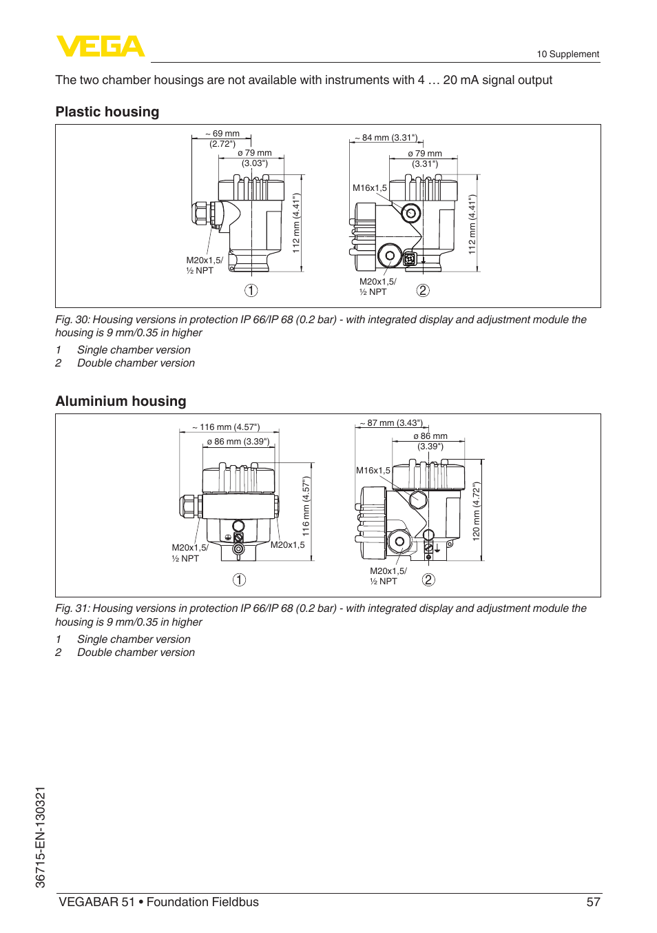 Plastic housing, Aluminium housing | VEGA VEGABAR 51 Foundation Fieldbus User Manual | Page 57 / 72