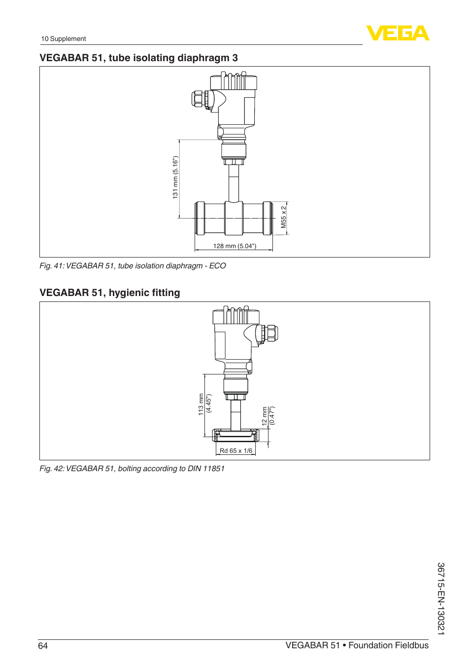 Vegabar 51, tube isolating diaphragm 3, Vegabar 51, hygienic fitting | VEGA VEGABAR 51 Foundation Fieldbus User Manual | Page 64 / 72