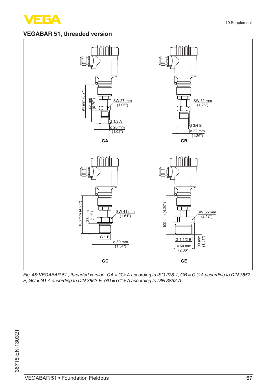 Vegabar 51, threaded version | VEGA VEGABAR 51 Foundation Fieldbus User Manual | Page 67 / 72