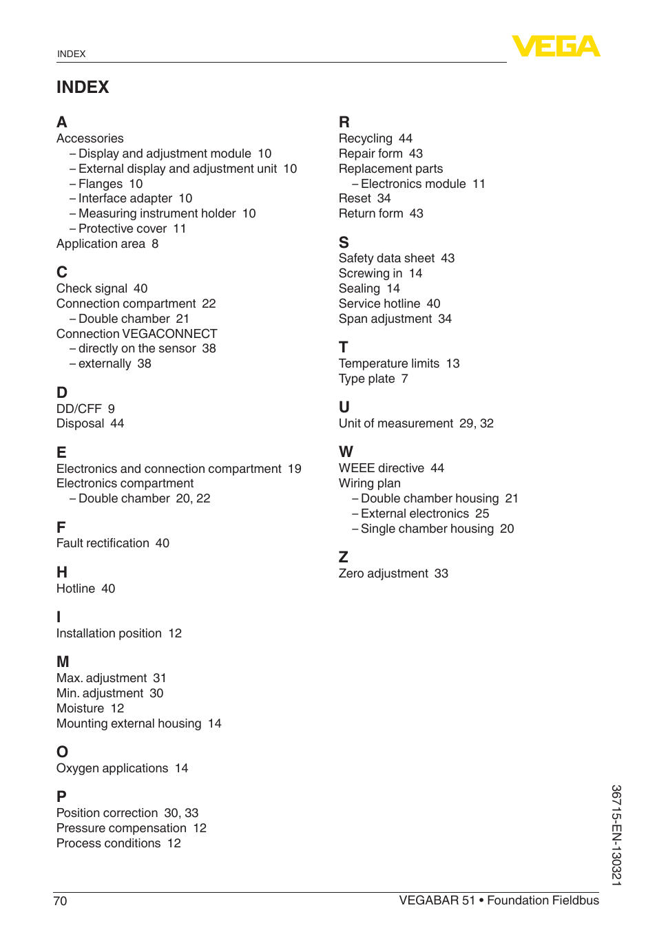 Index | VEGA VEGABAR 51 Foundation Fieldbus User Manual | Page 70 / 72