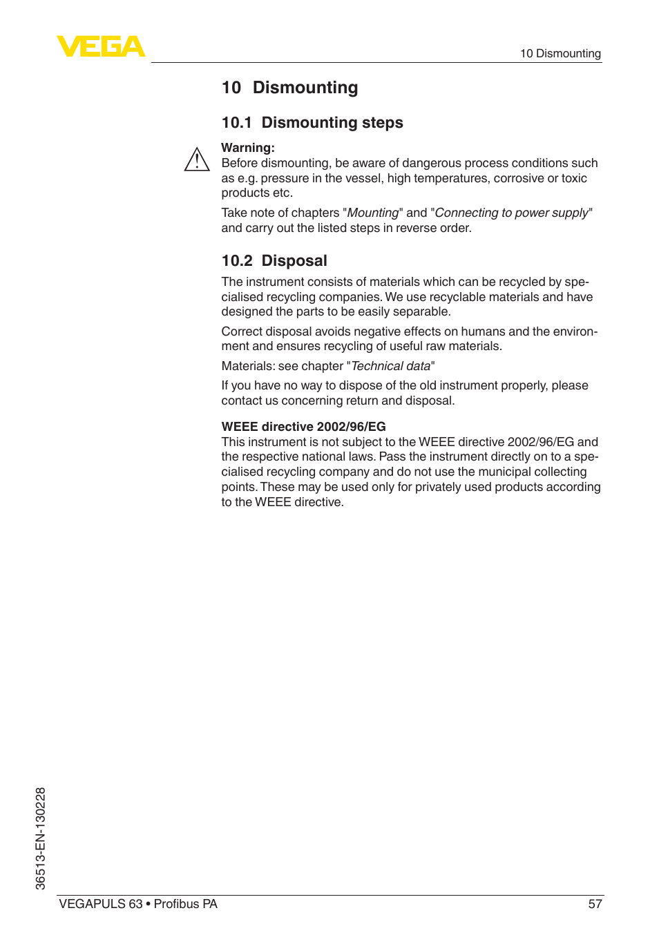 10 dismounting | VEGA VEGAPULS 63 (≥ 2.0.0 - ≥ 4.0.0) Profibus PA User Manual | Page 57 / 80