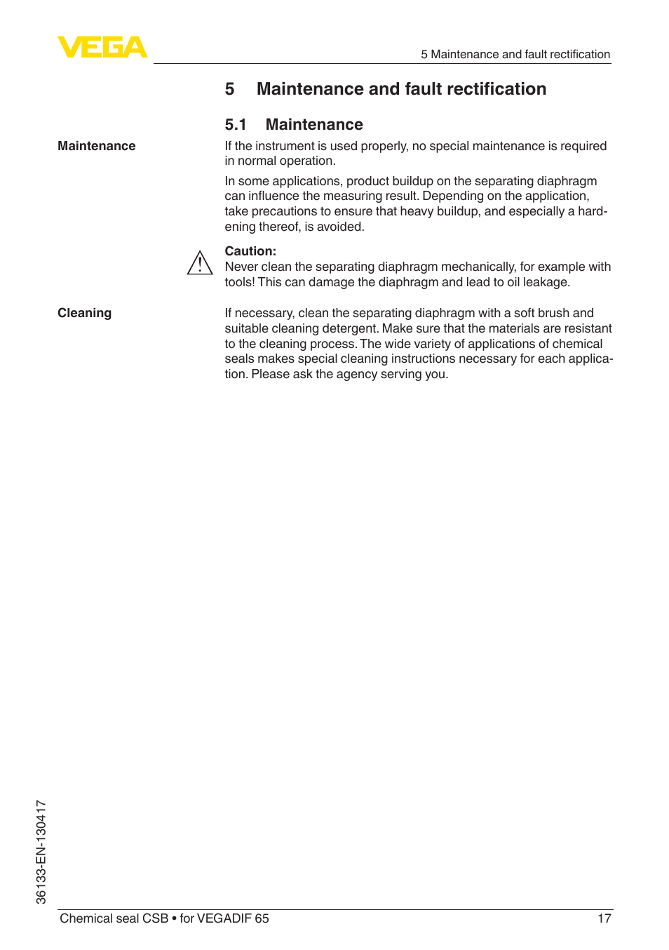 5 maintenance and fault rectification, 1 maintenance | VEGA VEGADIF 65 Chemical seal CSB User Manual | Page 17 / 28