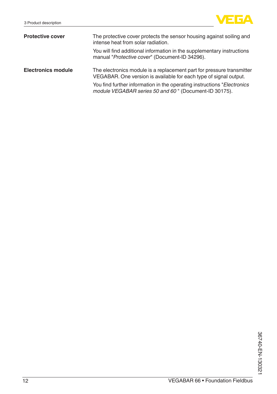 VEGA VEGABAR 66 Foundation Fieldbus User Manual | Page 12 / 72