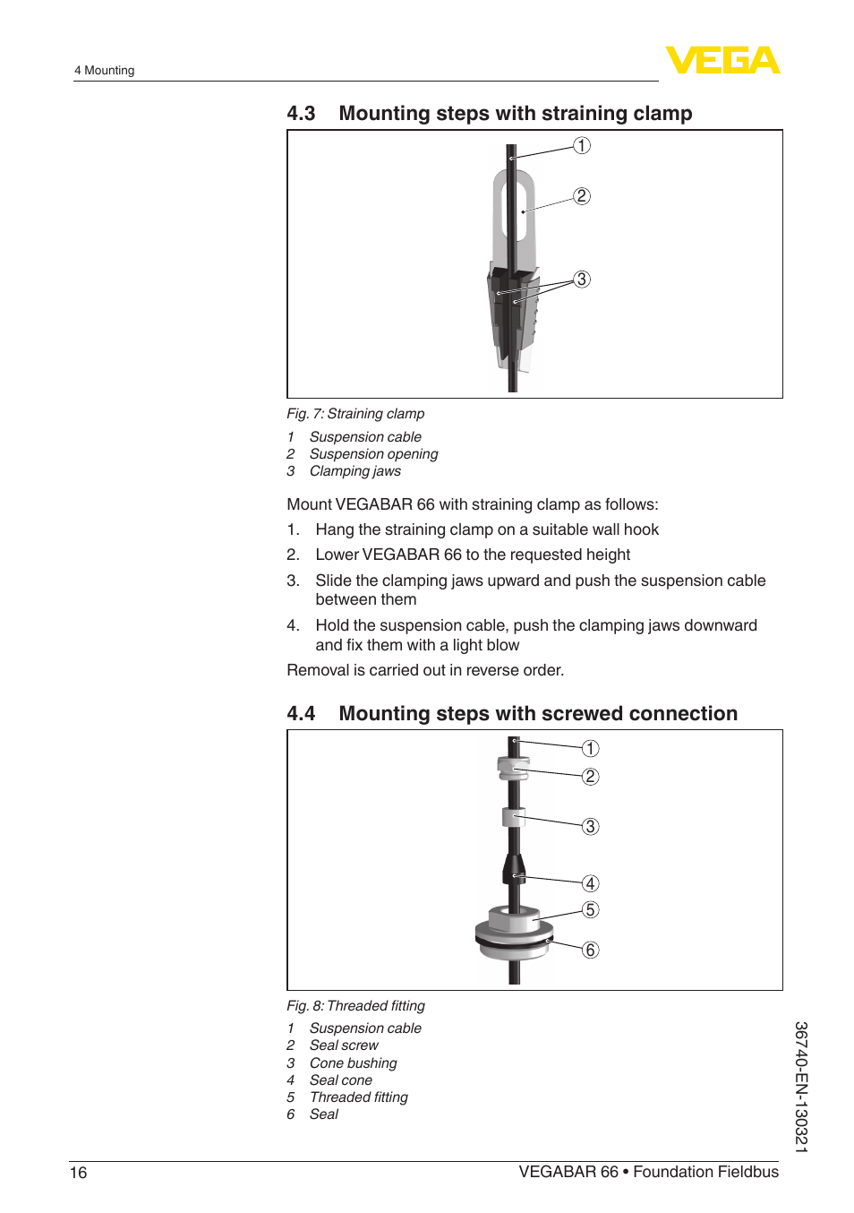 3 mounting steps with straining clamp, 4 mounting steps with screwed connection | VEGA VEGABAR 66 Foundation Fieldbus User Manual | Page 16 / 72