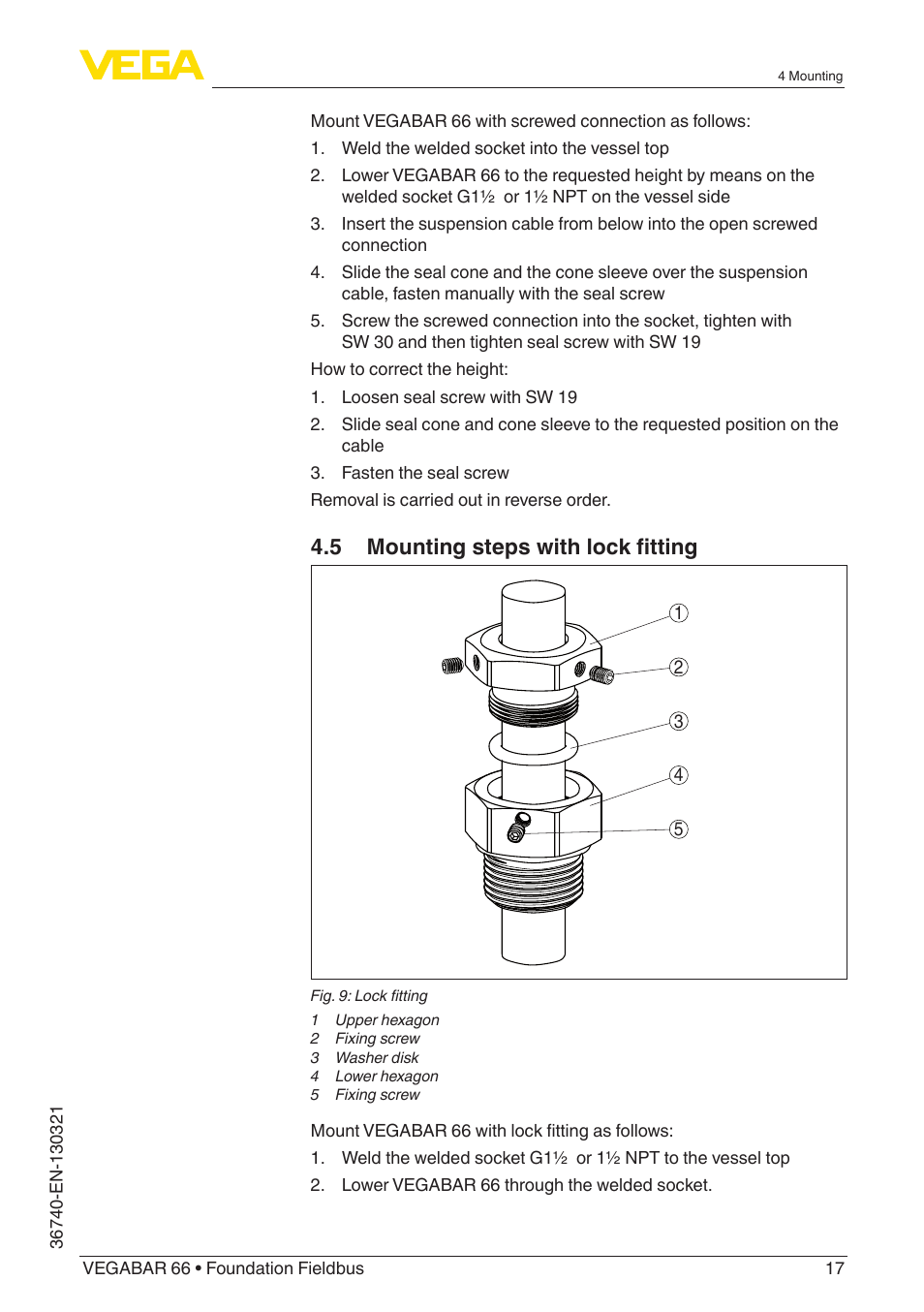 5 mounting steps with lock fitting | VEGA VEGABAR 66 Foundation Fieldbus User Manual | Page 17 / 72