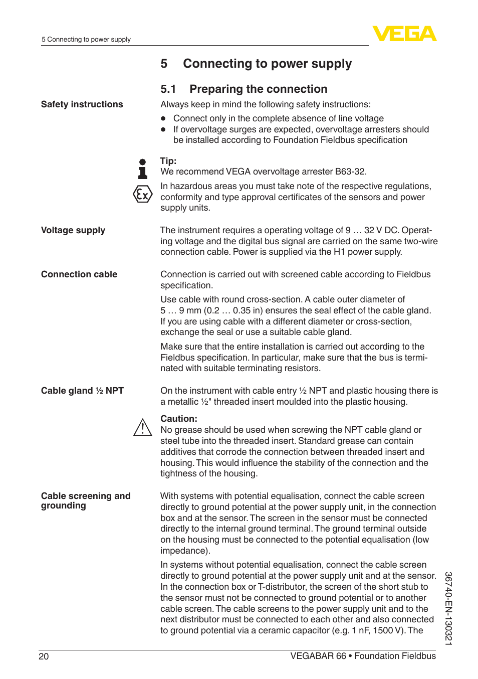 5 connecting to power supply, 1 preparing the connection | VEGA VEGABAR 66 Foundation Fieldbus User Manual | Page 20 / 72