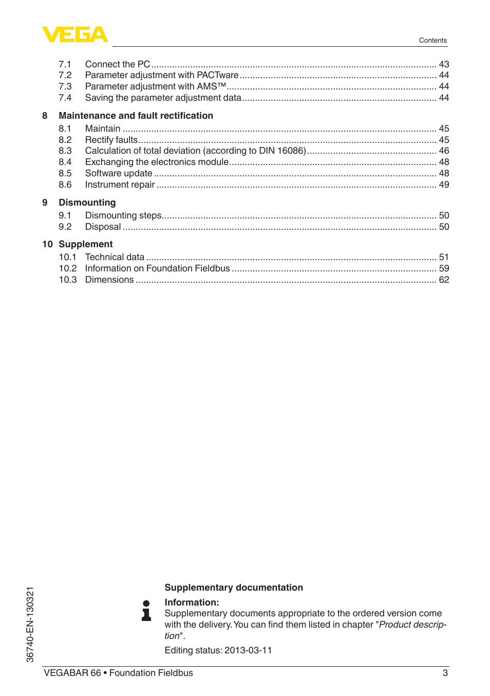VEGA VEGABAR 66 Foundation Fieldbus User Manual | Page 3 / 72