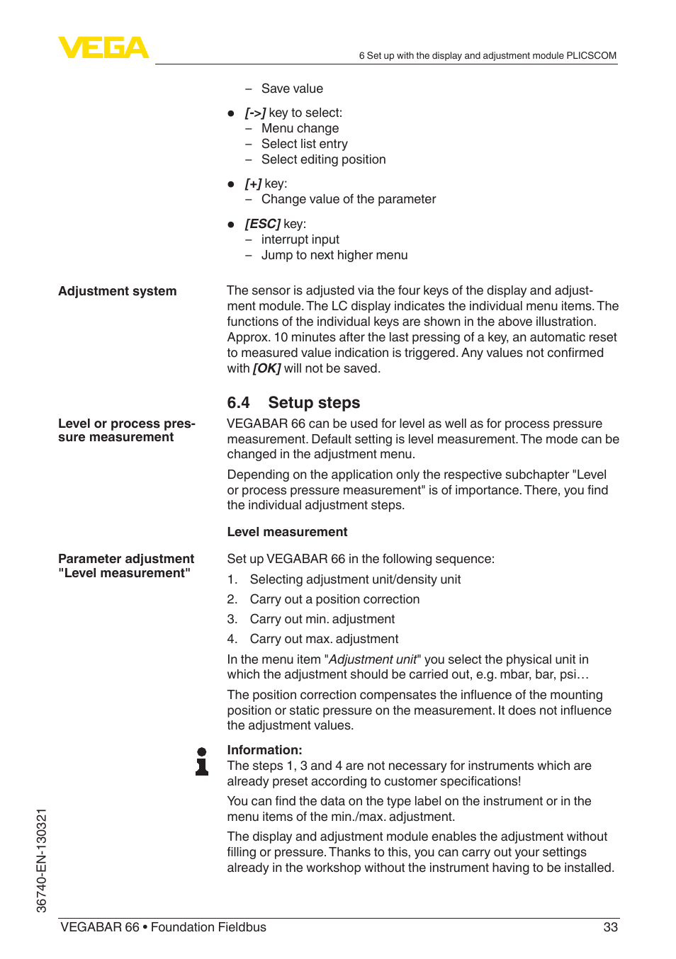 4 setup steps | VEGA VEGABAR 66 Foundation Fieldbus User Manual | Page 33 / 72