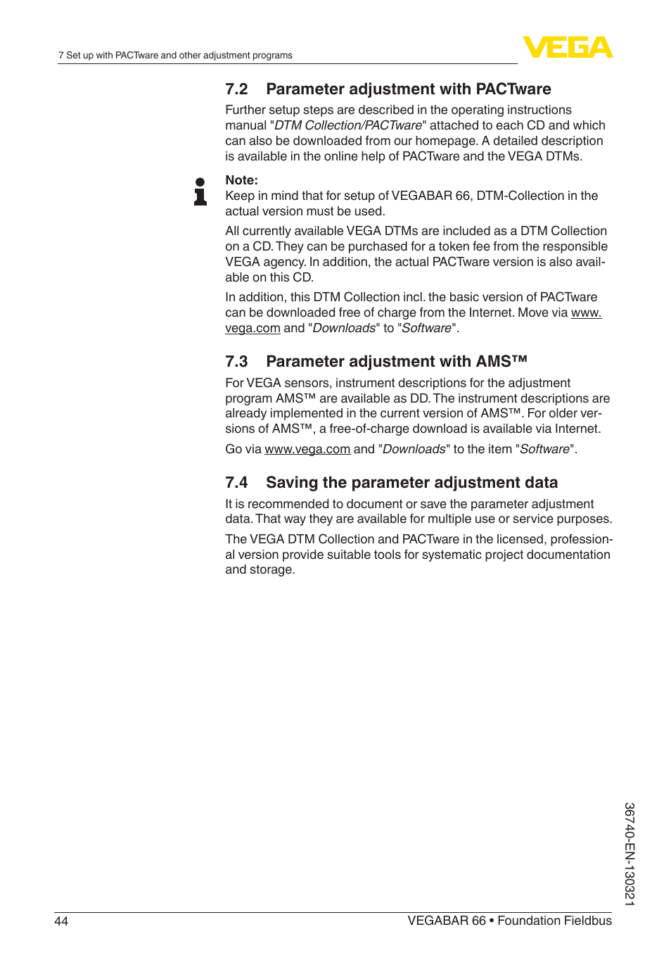 2 parameter adjustment with pactware, 3 parameter adjustment with ams, 4 saving the parameter adjustment data | VEGA VEGABAR 66 Foundation Fieldbus User Manual | Page 44 / 72