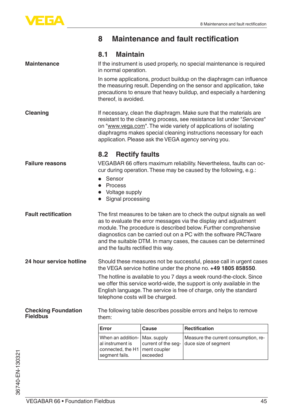 8 maintenance and fault rectification, 1 maintain, 2 rectify faults | VEGA VEGABAR 66 Foundation Fieldbus User Manual | Page 45 / 72