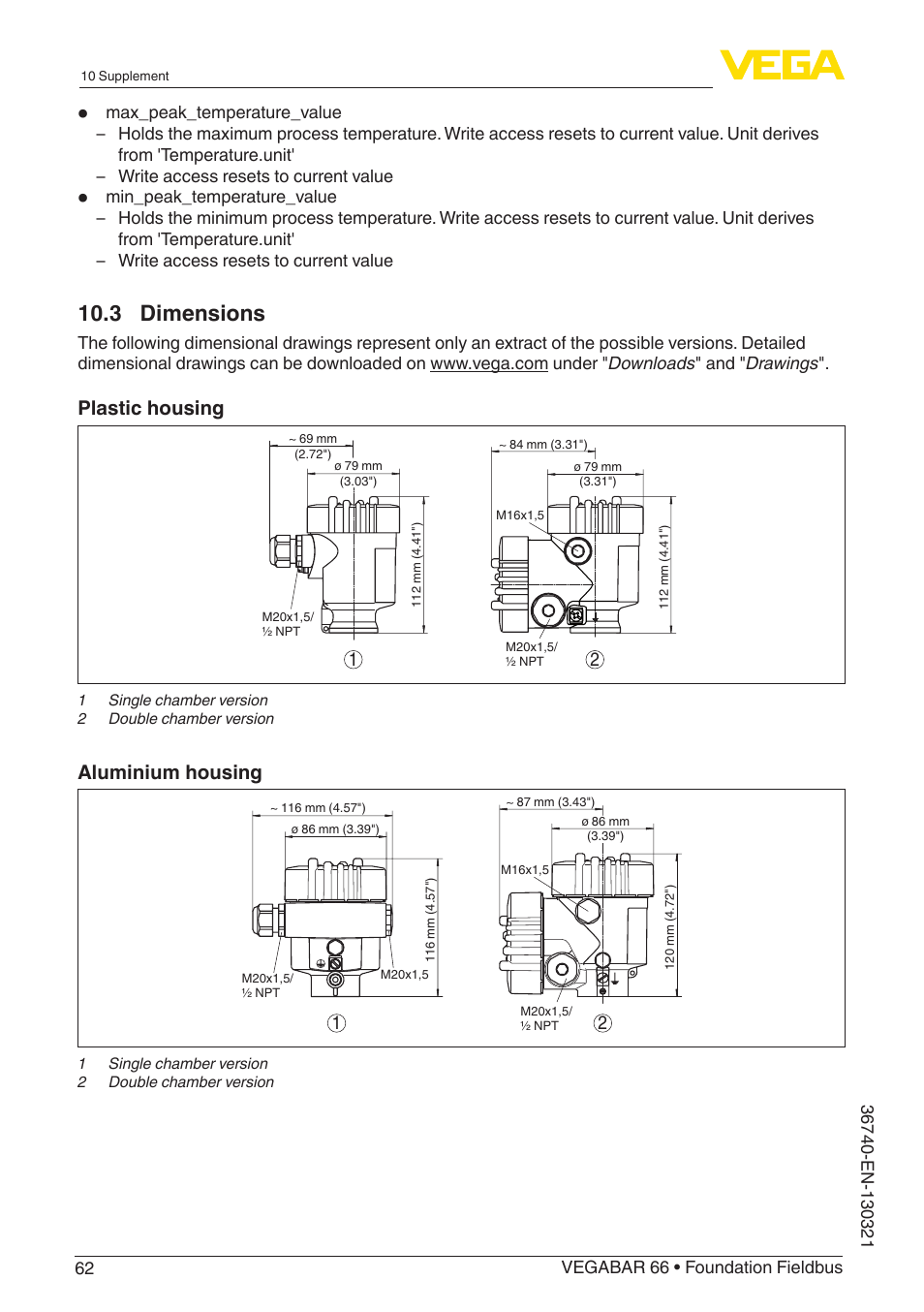 3 dimensions, Plastic housing, Aluminium housing | VEGA VEGABAR 66 Foundation Fieldbus User Manual | Page 62 / 72