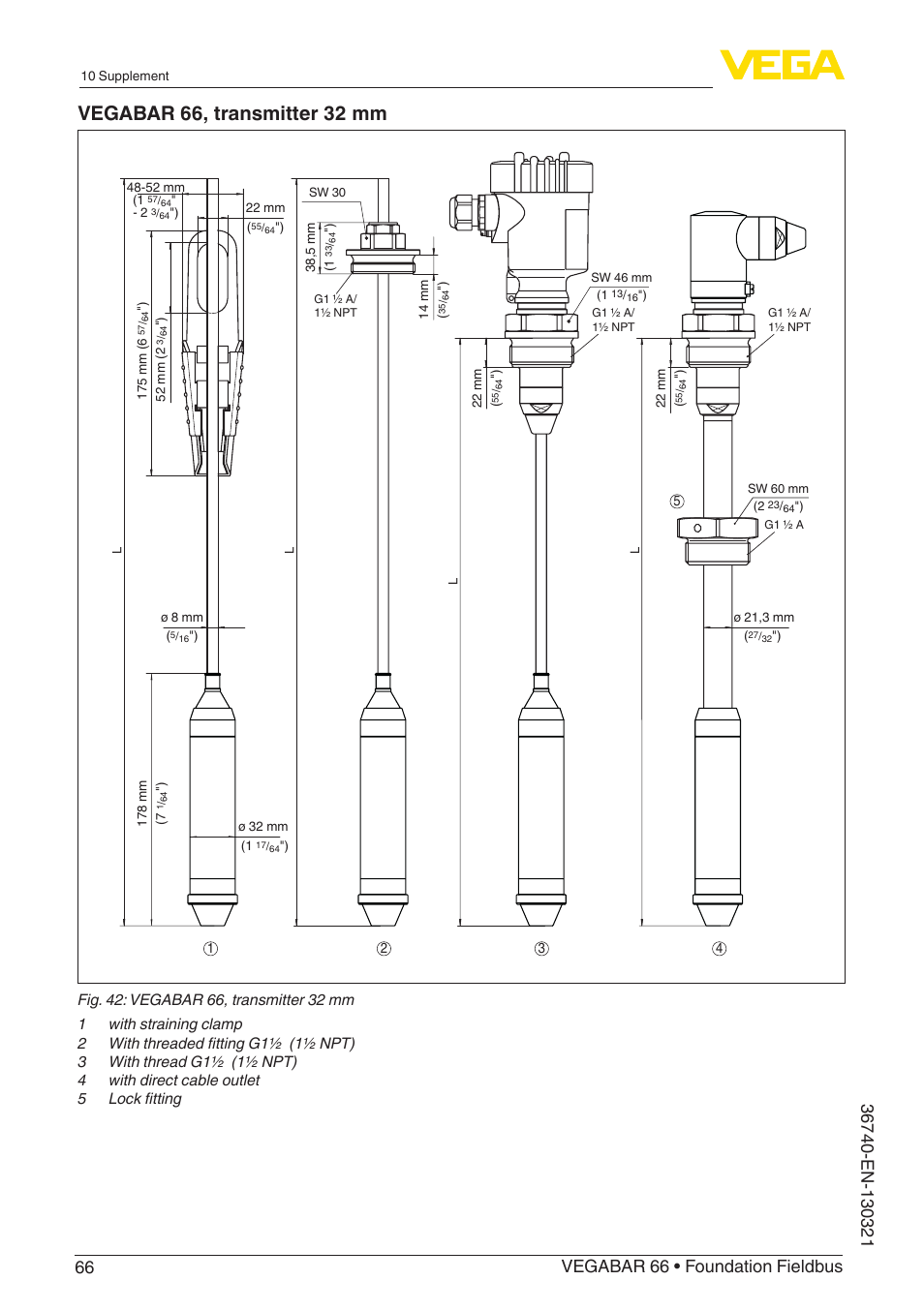 Vegabar 66, transmitter 32 mm | VEGA VEGABAR 66 Foundation Fieldbus User Manual | Page 66 / 72