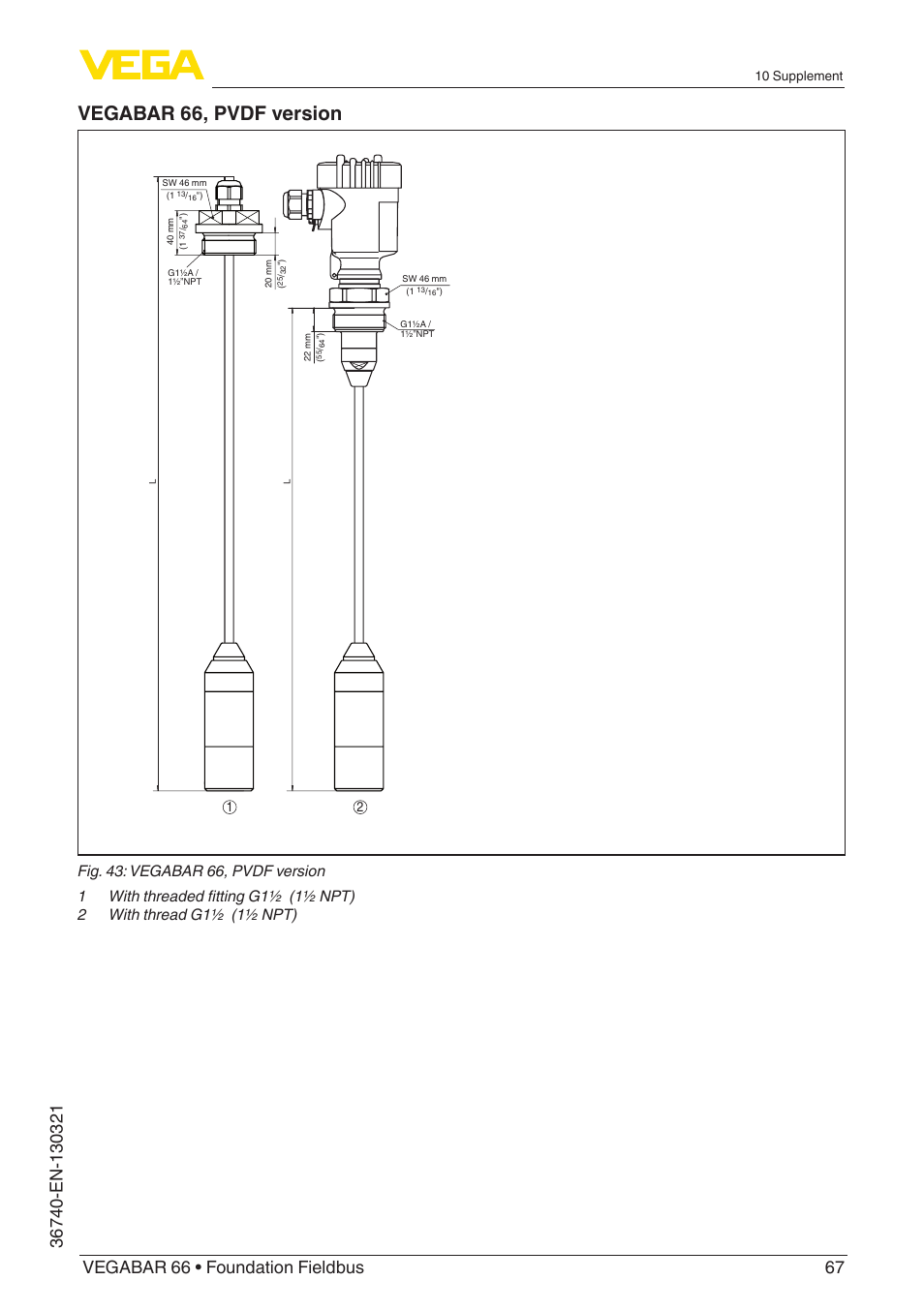Vegabar 66, pvdf version | VEGA VEGABAR 66 Foundation Fieldbus User Manual | Page 67 / 72