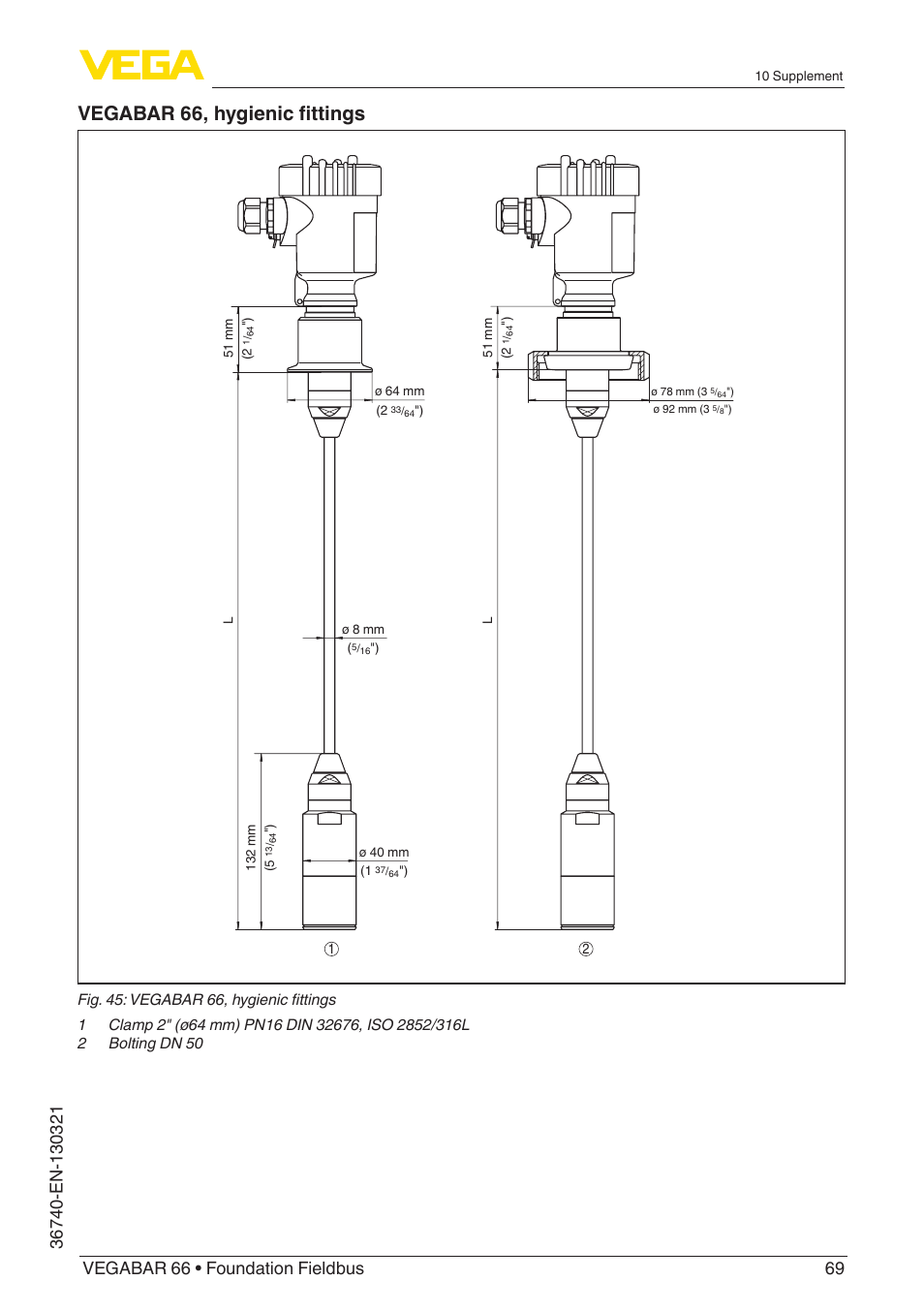 Vegabar 66, hygienic fittings | VEGA VEGABAR 66 Foundation Fieldbus User Manual | Page 69 / 72