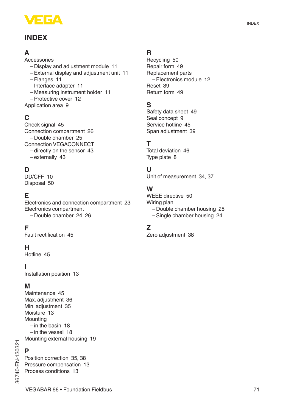 Index | VEGA VEGABAR 66 Foundation Fieldbus User Manual | Page 71 / 72