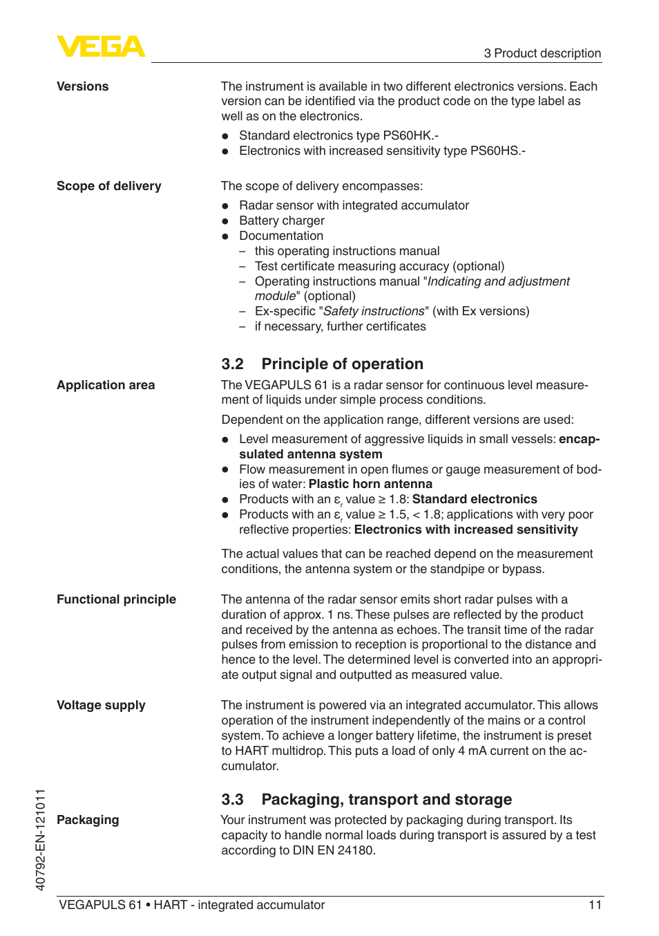 2 principle of operation, 3 packaging, transport and storage | VEGA VEGAPULS 61 (≥ 2.0.0 - ≥ 4.0.0) HART - integrated accumulator User Manual | Page 11 / 72