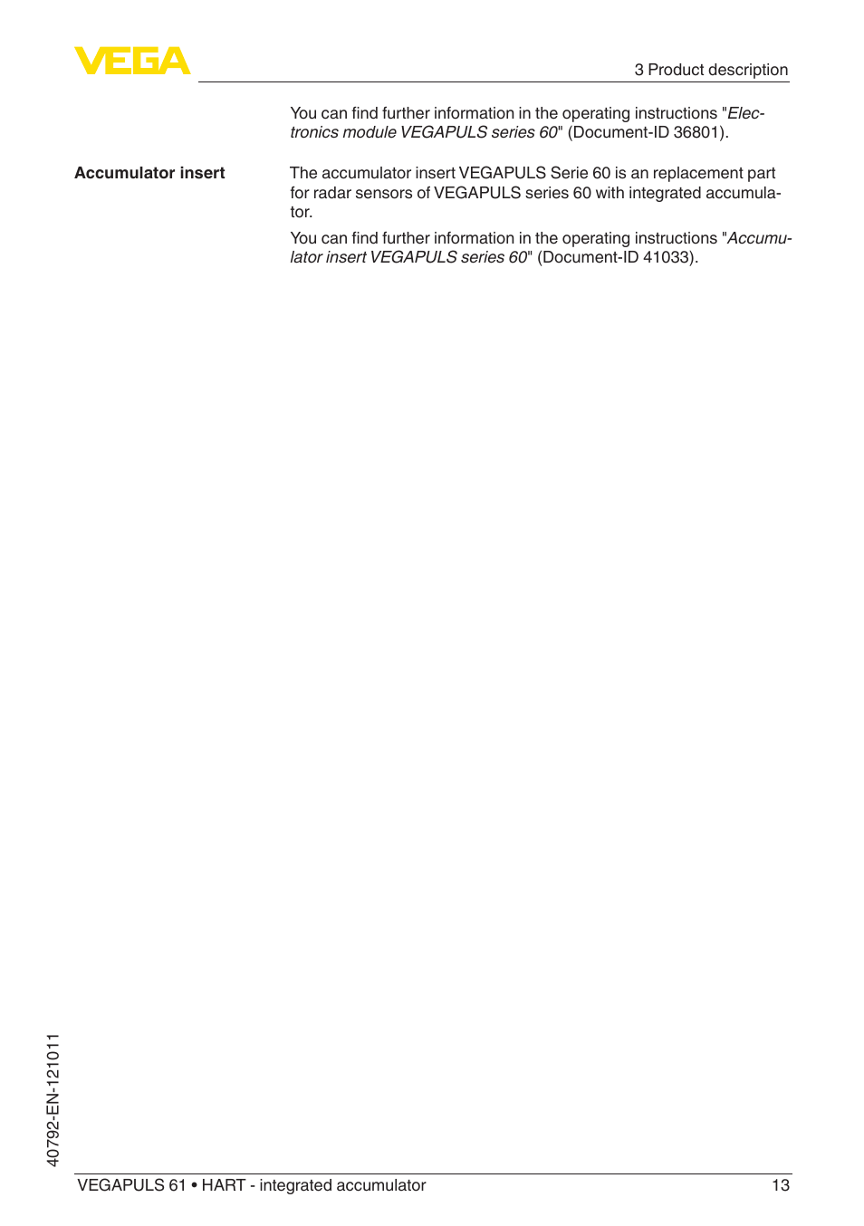 VEGA VEGAPULS 61 (≥ 2.0.0 - ≥ 4.0.0) HART - integrated accumulator User Manual | Page 13 / 72