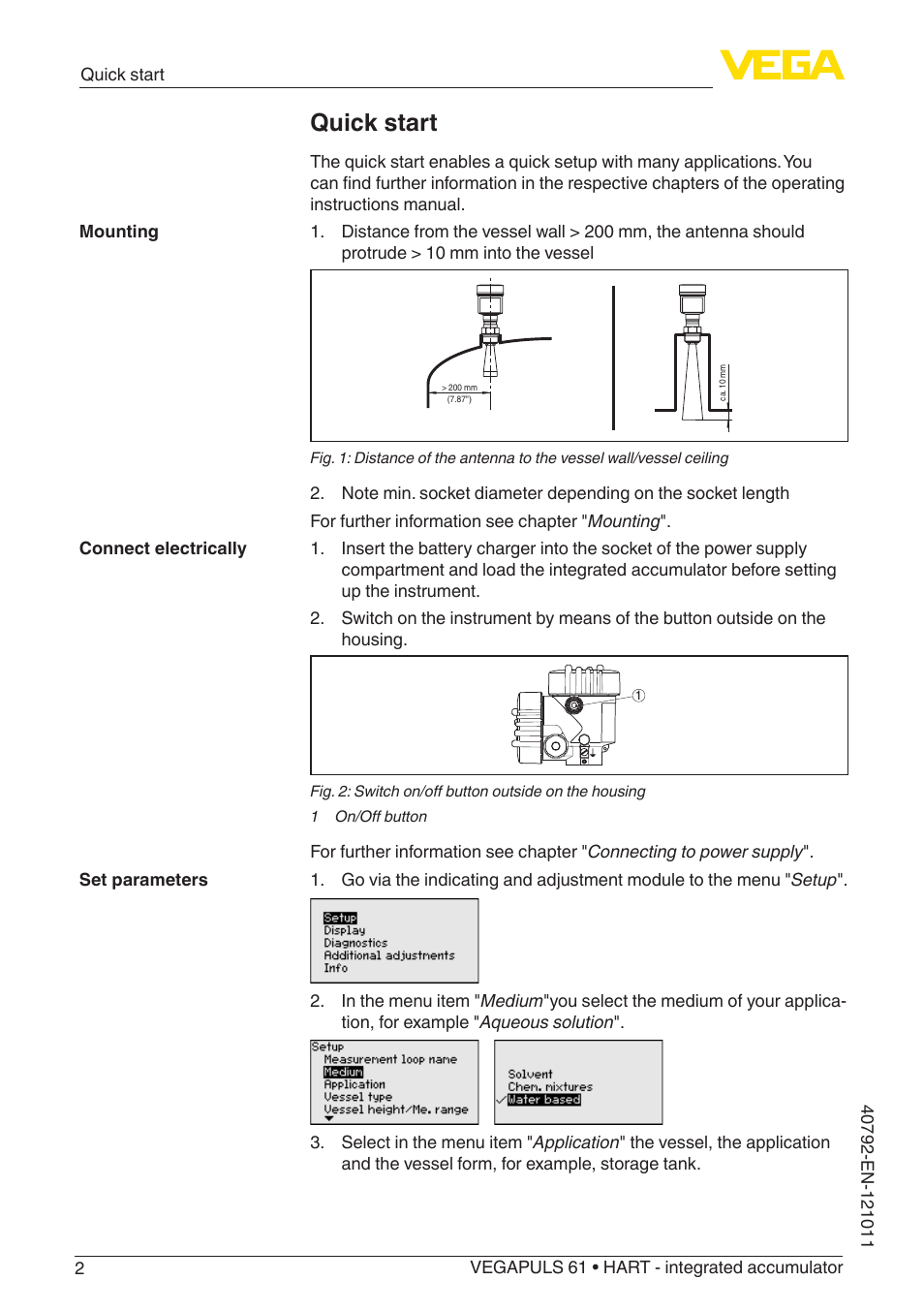 Quick start | VEGA VEGAPULS 61 (≥ 2.0.0 - ≥ 4.0.0) HART - integrated accumulator User Manual | Page 2 / 72