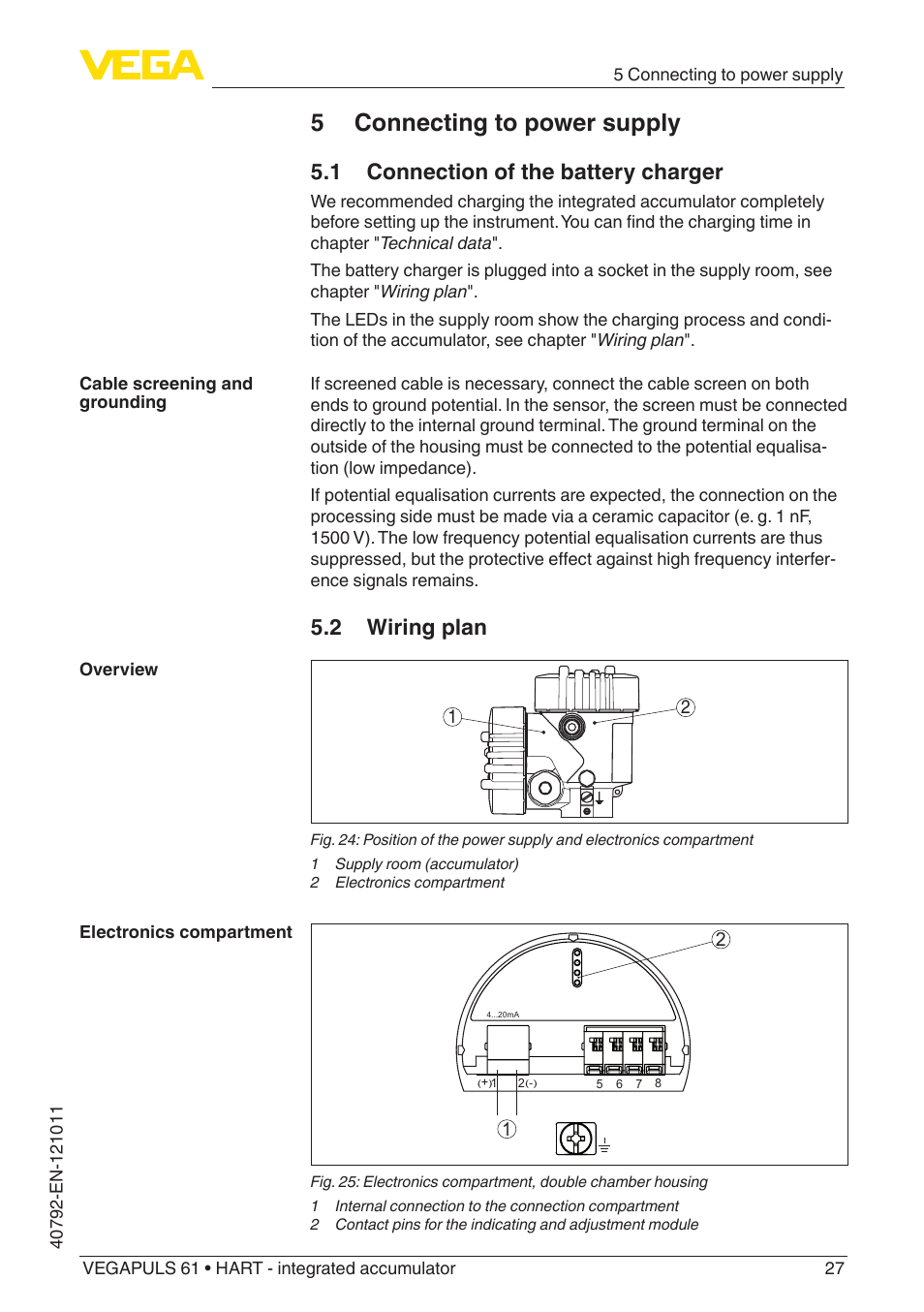 5 connecting to power supply, 1 connection of the battery charger, 2 wiring plan | VEGA VEGAPULS 61 (≥ 2.0.0 - ≥ 4.0.0) HART - integrated accumulator User Manual | Page 27 / 72