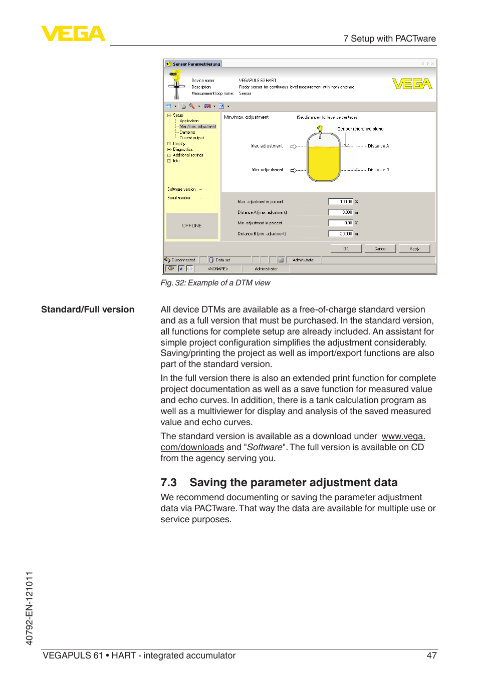3 saving the parameter adjustment data | VEGA VEGAPULS 61 (≥ 2.0.0 - ≥ 4.0.0) HART - integrated accumulator User Manual | Page 47 / 72