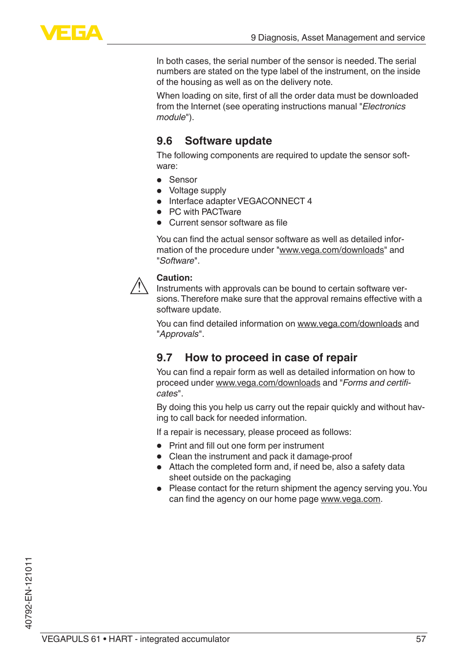 6 software update, 7 how to proceed in case of repair | VEGA VEGAPULS 61 (≥ 2.0.0 - ≥ 4.0.0) HART - integrated accumulator User Manual | Page 57 / 72