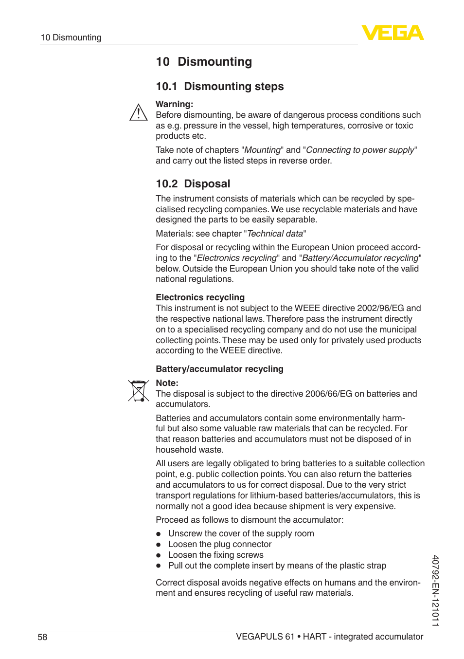 10 dismounting, 1 dismounting steps, 2 disposal | VEGA VEGAPULS 61 (≥ 2.0.0 - ≥ 4.0.0) HART - integrated accumulator User Manual | Page 58 / 72