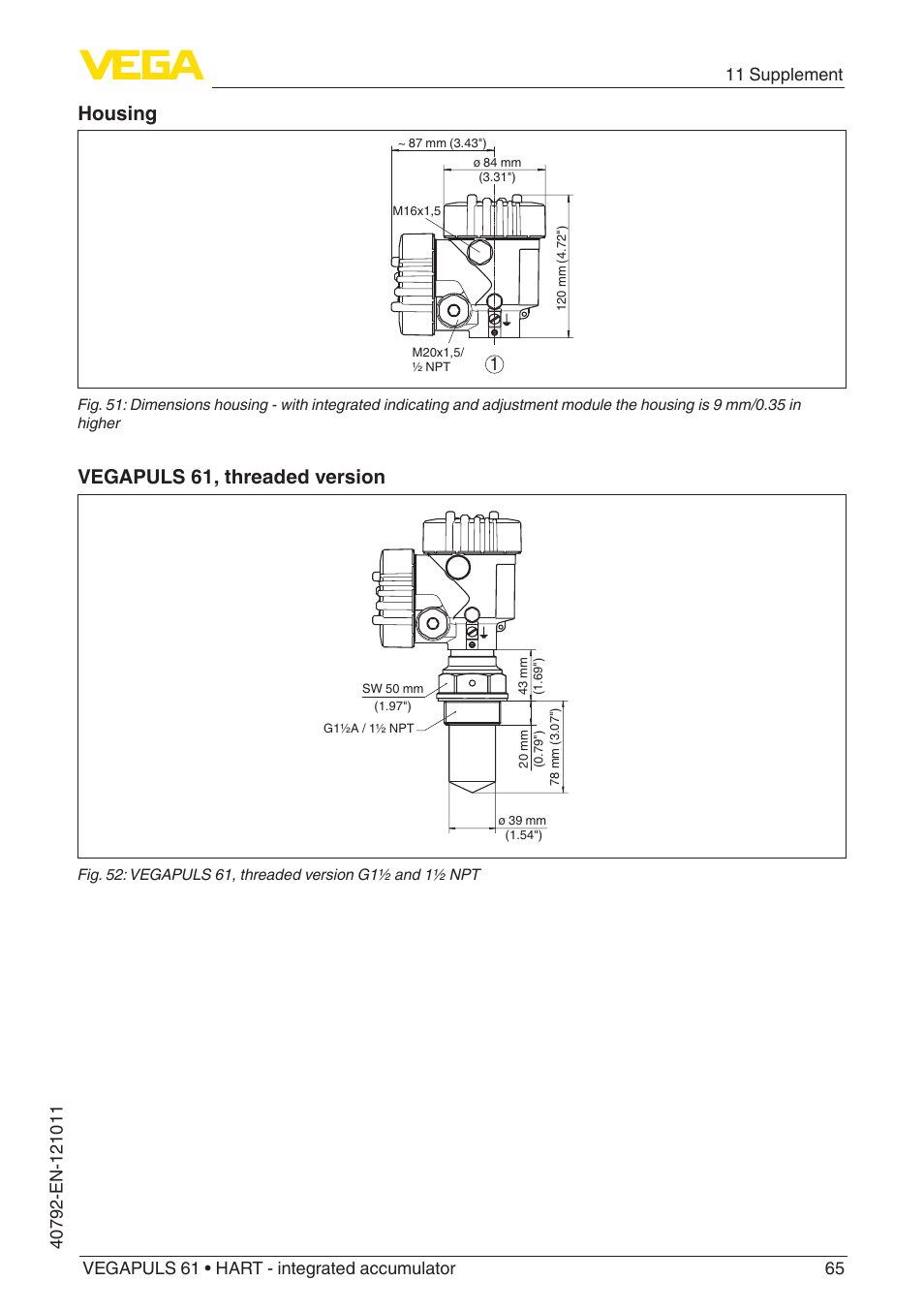 Housing, Vegapuls 61, threaded version | VEGA VEGAPULS 61 (≥ 2.0.0 - ≥ 4.0.0) HART - integrated accumulator User Manual | Page 65 / 72