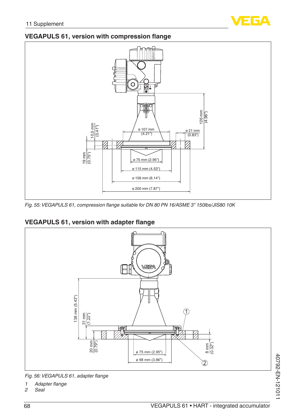 Vegapuls 61, version with compression flange, Vegapuls 61, version with adapter flange | VEGA VEGAPULS 61 (≥ 2.0.0 - ≥ 4.0.0) HART - integrated accumulator User Manual | Page 68 / 72
