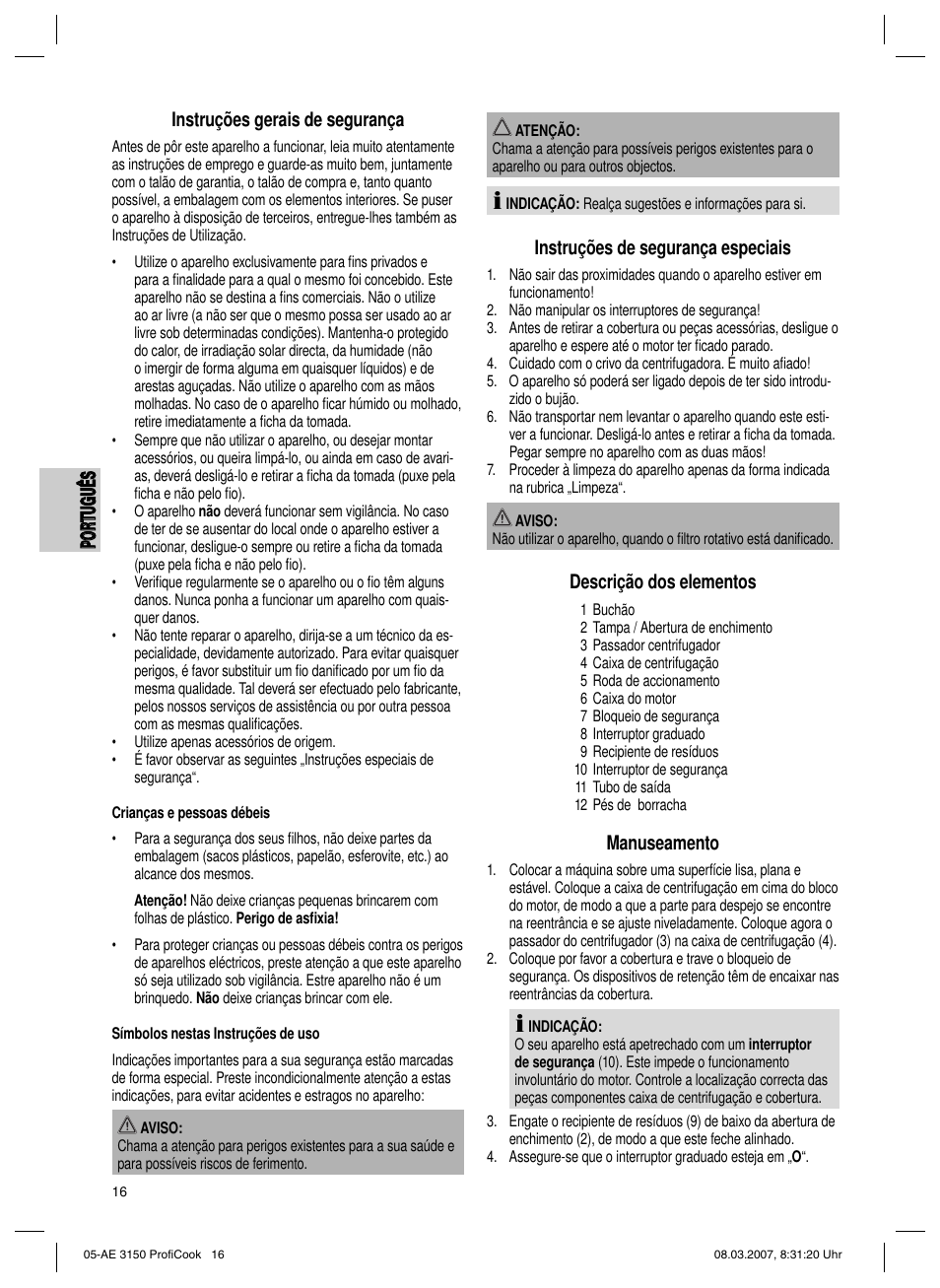 Instruções de segurança especiais, Descrição dos elementos, Manuseamento | CLATRONIC AE 3150 PROFI COOK User Manual | Page 16 / 42
