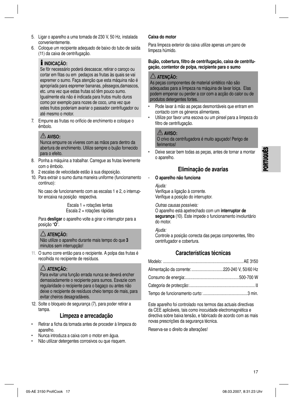 Po rt ug uê s português, Limpeza e arrecadação, Eliminação de avarias | Características técnicas | CLATRONIC AE 3150 PROFI COOK User Manual | Page 17 / 42