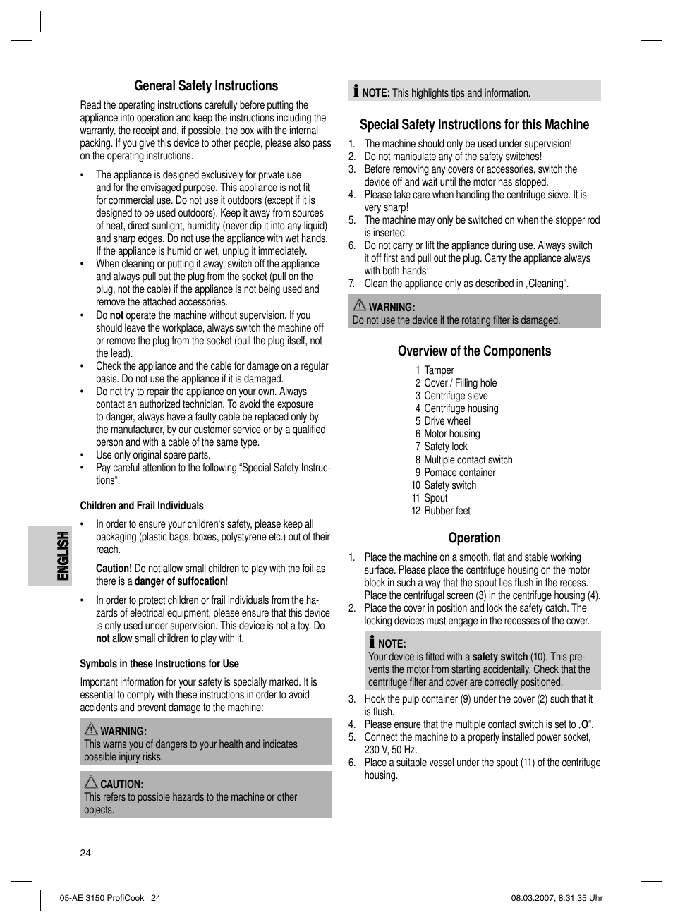 En g li s h english, General safety instructions, Special safety instructions for this machine | Overview of the components, Operation | CLATRONIC AE 3150 PROFI COOK User Manual | Page 24 / 42