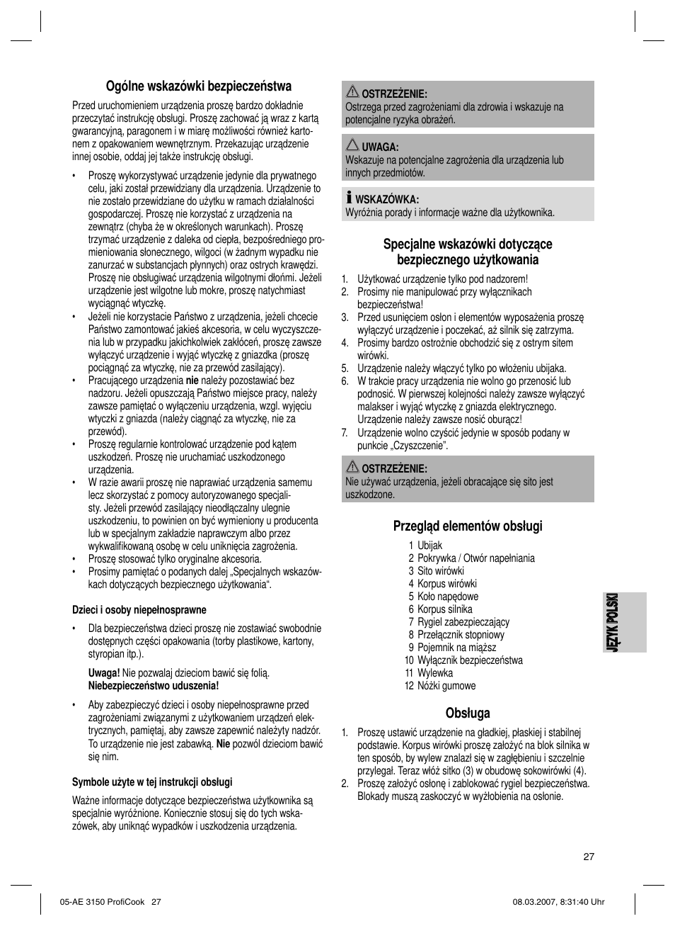 Przegląd elementów obsługi, Obsługa | CLATRONIC AE 3150 PROFI COOK User Manual | Page 27 / 42