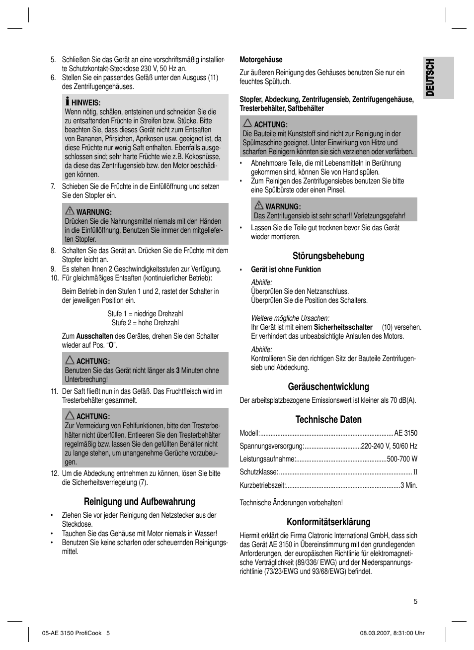 CLATRONIC AE 3150 PROFI COOK User Manual | Page 5 / 42