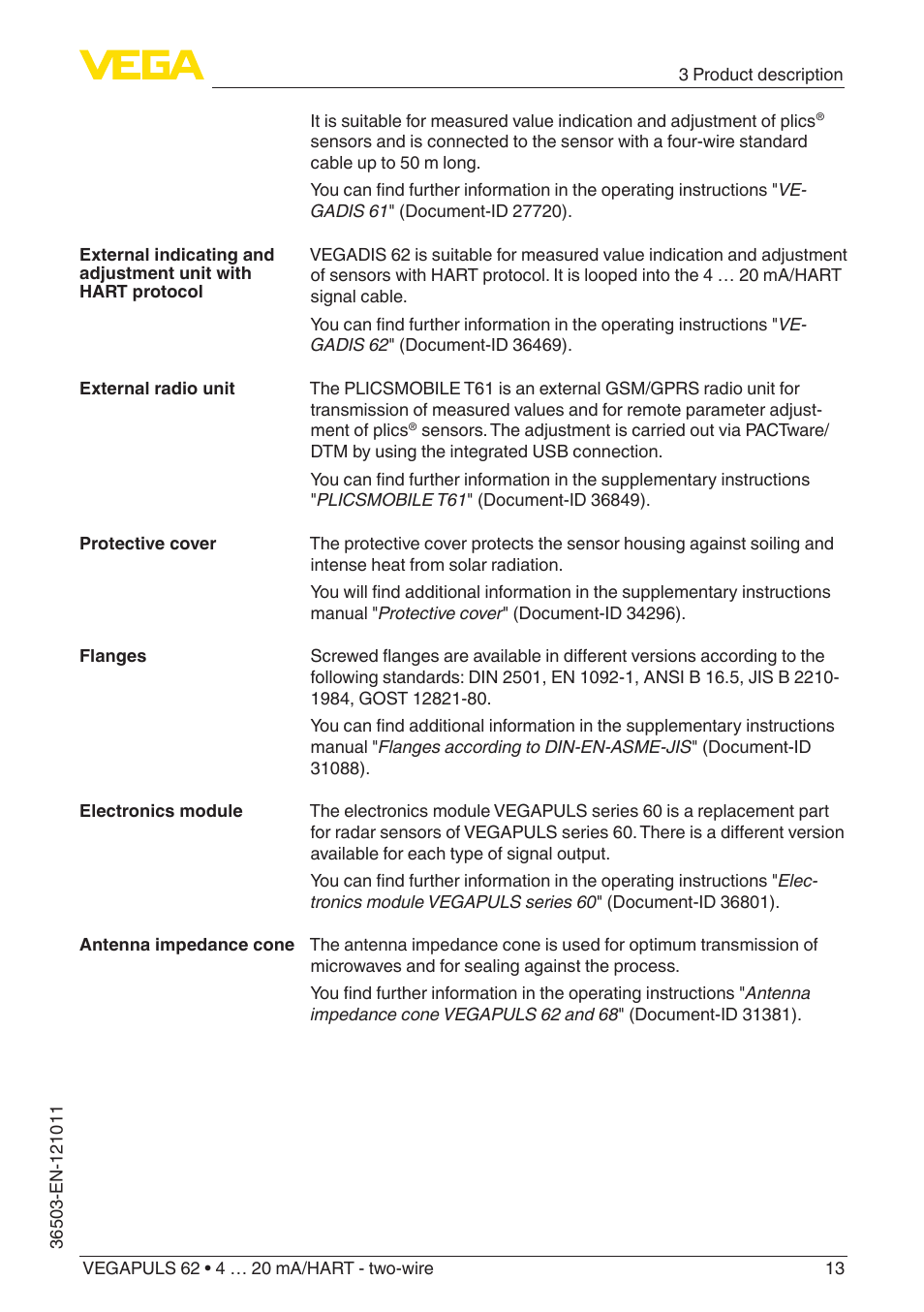 VEGA VEGAPULS 62 (≥ 2.0.0 - ≥ 4.0.0) 4 … 20 mA_HART - two-wire User Manual | Page 13 / 84