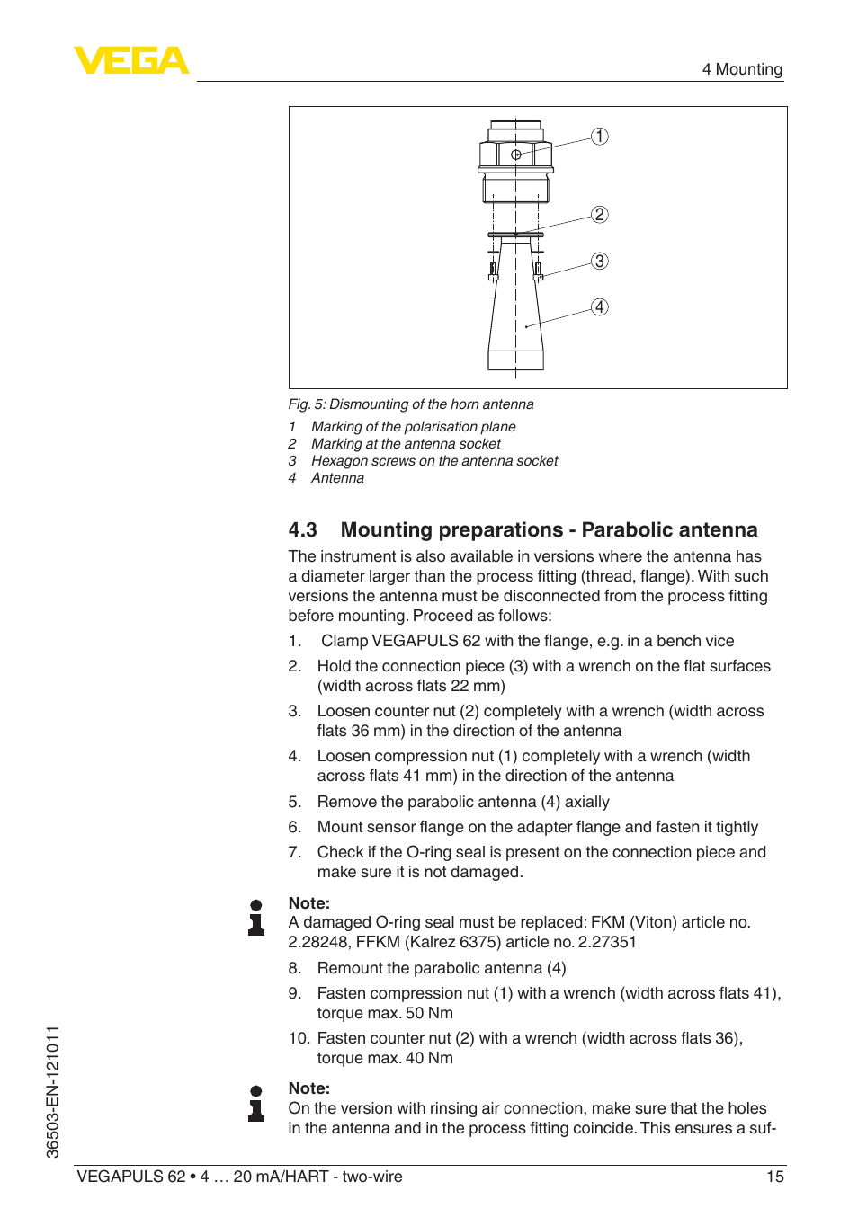 3 mounting preparations - parabolic antenna | VEGA VEGAPULS 62 (≥ 2.0.0 - ≥ 4.0.0) 4 … 20 mA_HART - two-wire User Manual | Page 15 / 84