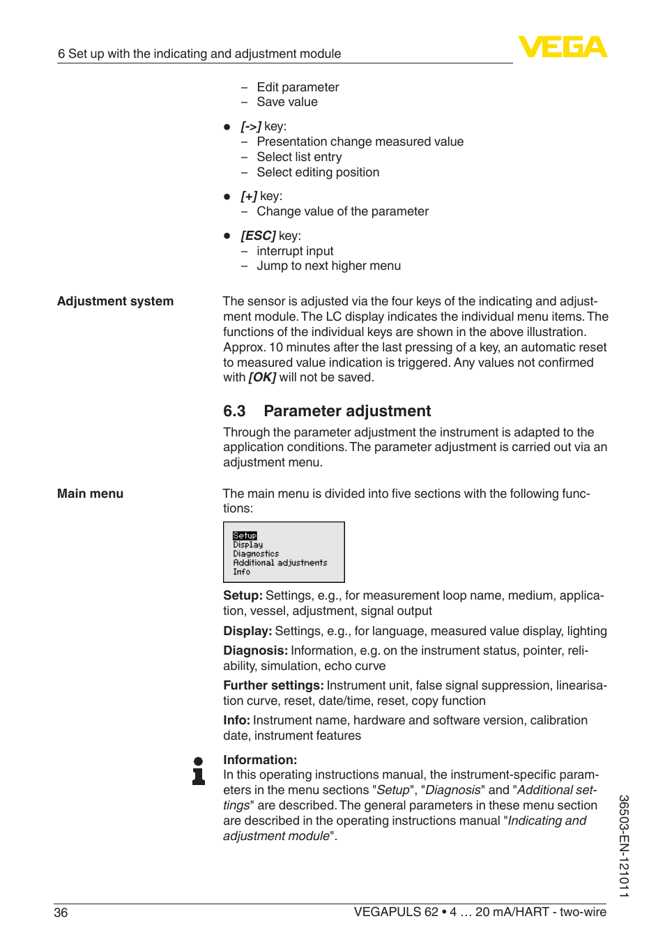 3 parameter adjustment | VEGA VEGAPULS 62 (≥ 2.0.0 - ≥ 4.0.0) 4 … 20 mA_HART - two-wire User Manual | Page 36 / 84