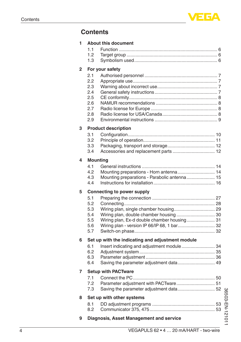 VEGA VEGAPULS 62 (≥ 2.0.0 - ≥ 4.0.0) 4 … 20 mA_HART - two-wire User Manual | Page 4 / 84