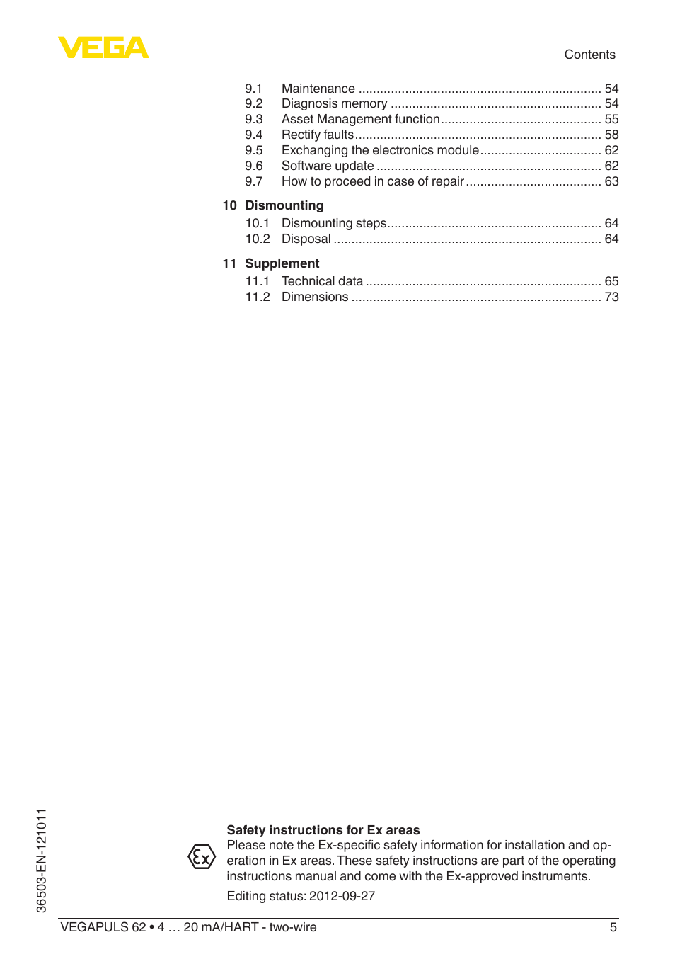 VEGA VEGAPULS 62 (≥ 2.0.0 - ≥ 4.0.0) 4 … 20 mA_HART - two-wire User Manual | Page 5 / 84