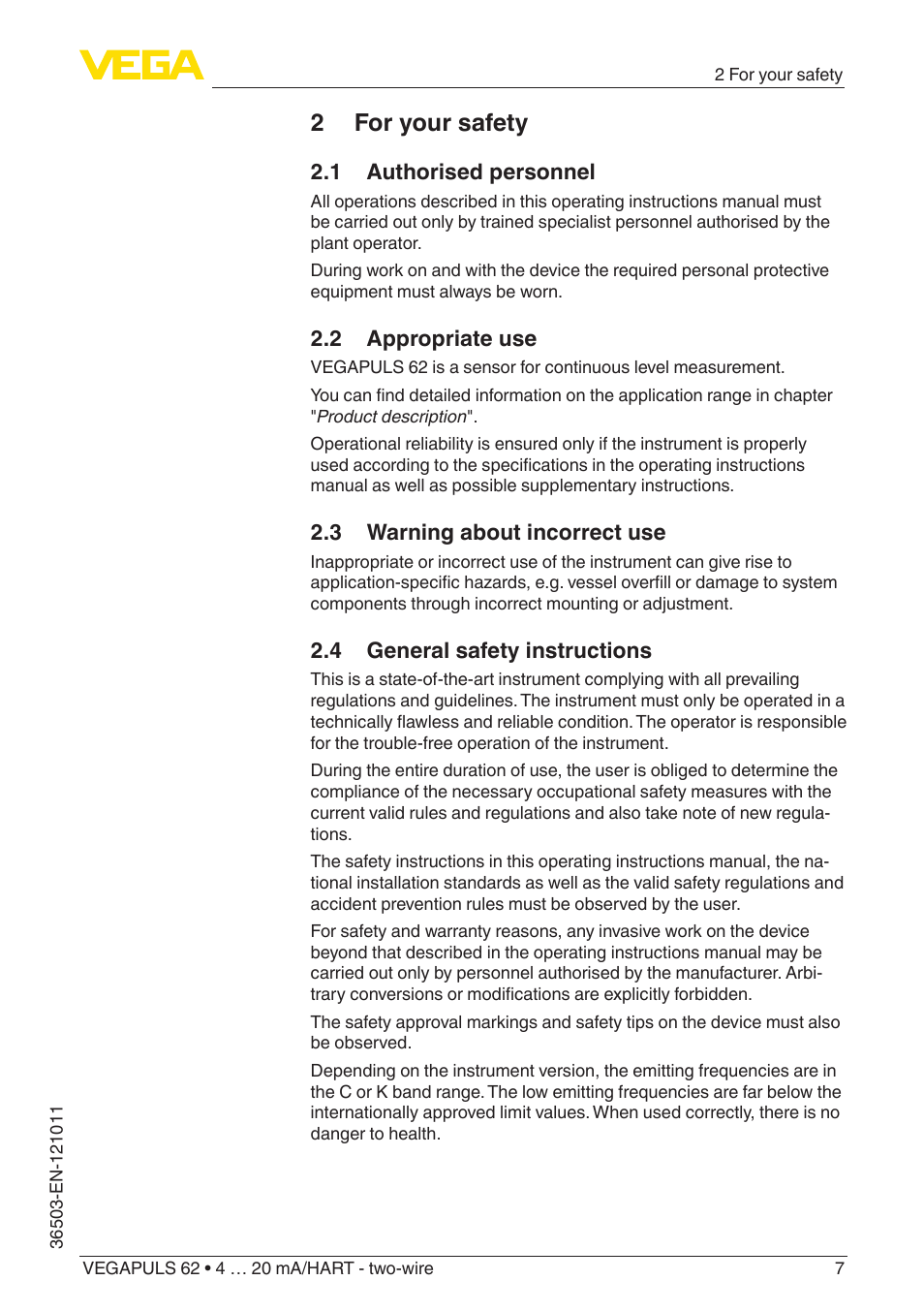2 for your safety, 1 authorised personnel, 2 appropriate use | 3 warning about incorrect use, 4 general safety instructions | VEGA VEGAPULS 62 (≥ 2.0.0 - ≥ 4.0.0) 4 … 20 mA_HART - two-wire User Manual | Page 7 / 84