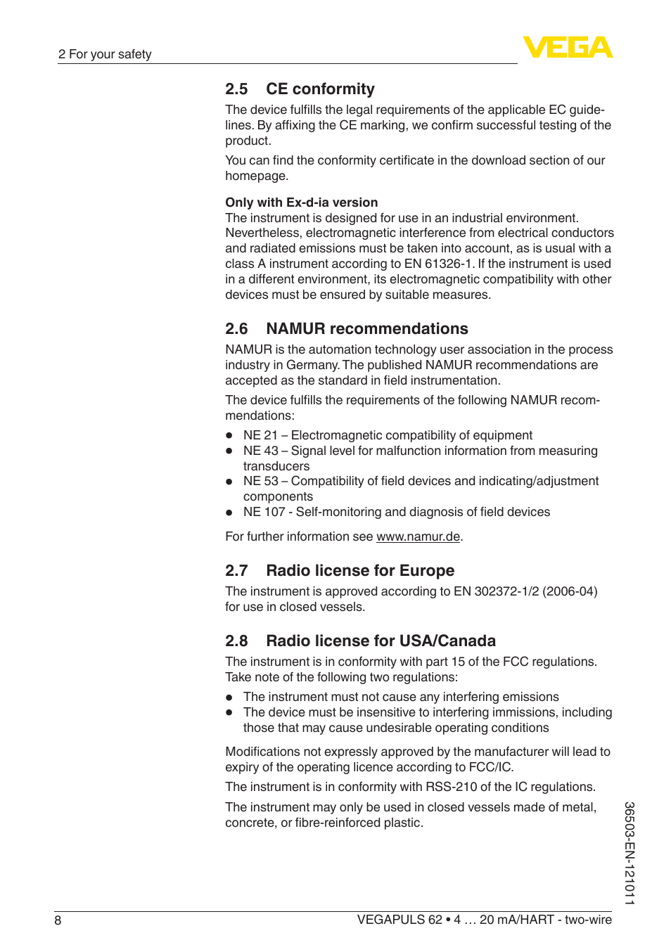 5 ce conformity, 6 namur recommendations, 7 radio license for europe | 8 radio license for usa/canada | VEGA VEGAPULS 62 (≥ 2.0.0 - ≥ 4.0.0) 4 … 20 mA_HART - two-wire User Manual | Page 8 / 84