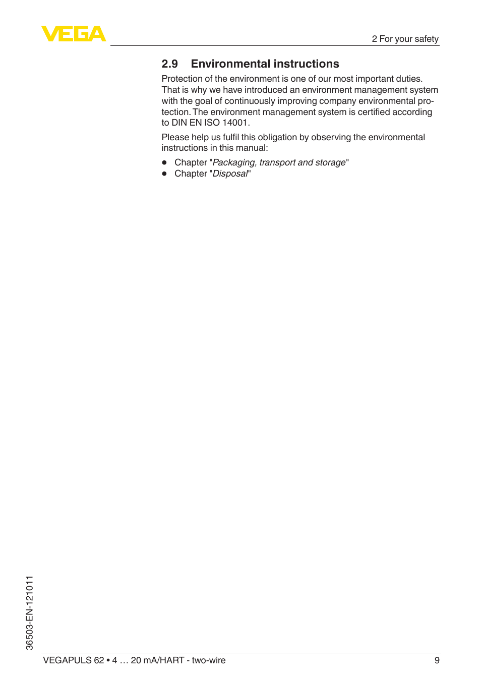 9 environmental instructions | VEGA VEGAPULS 62 (≥ 2.0.0 - ≥ 4.0.0) 4 … 20 mA_HART - two-wire User Manual | Page 9 / 84