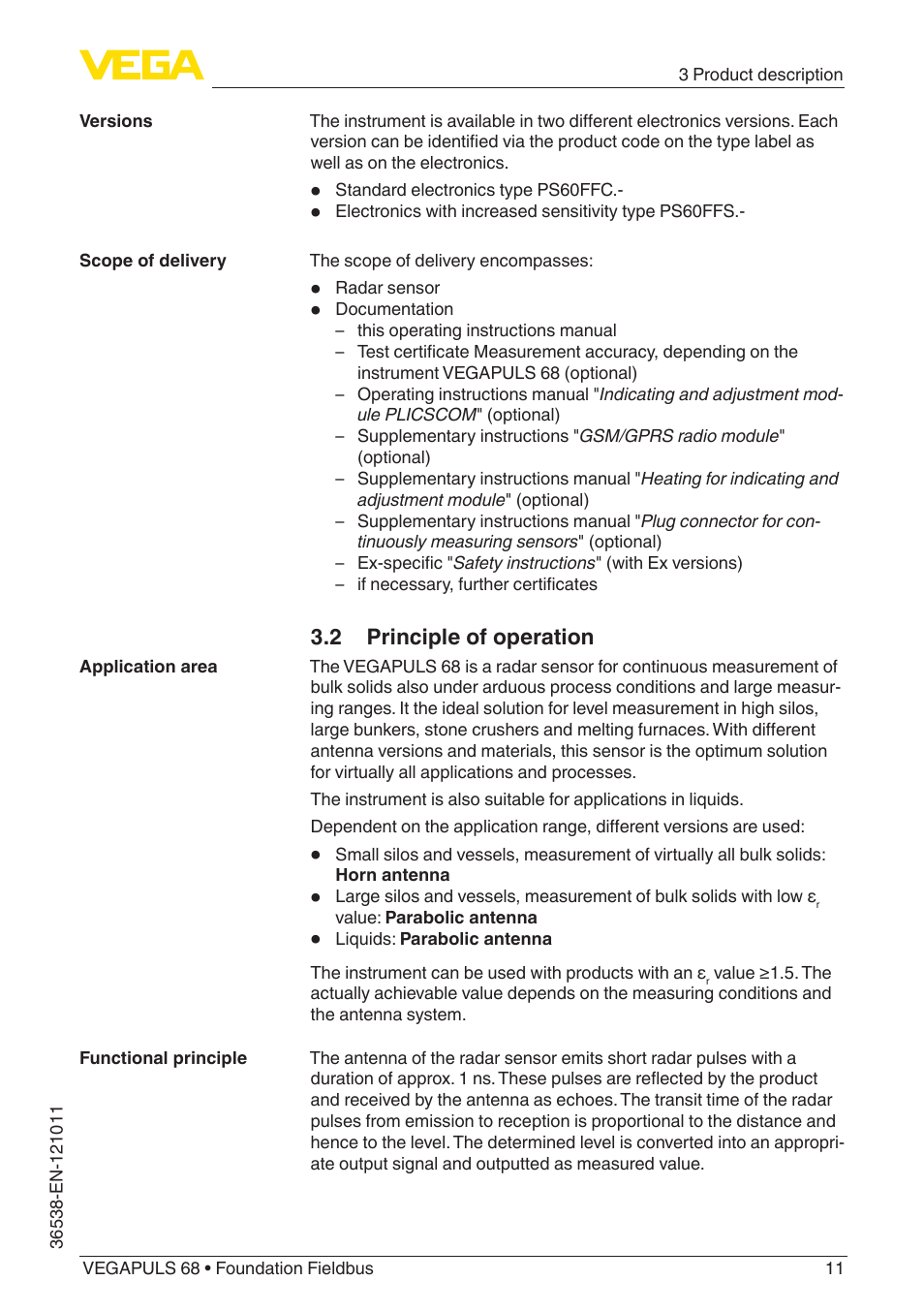 2 principle of operation | VEGA VEGAPULS 68 (≥ 2.0.0 - ≥ 4.0.0) Foundation Fieldbus User Manual | Page 11 / 88