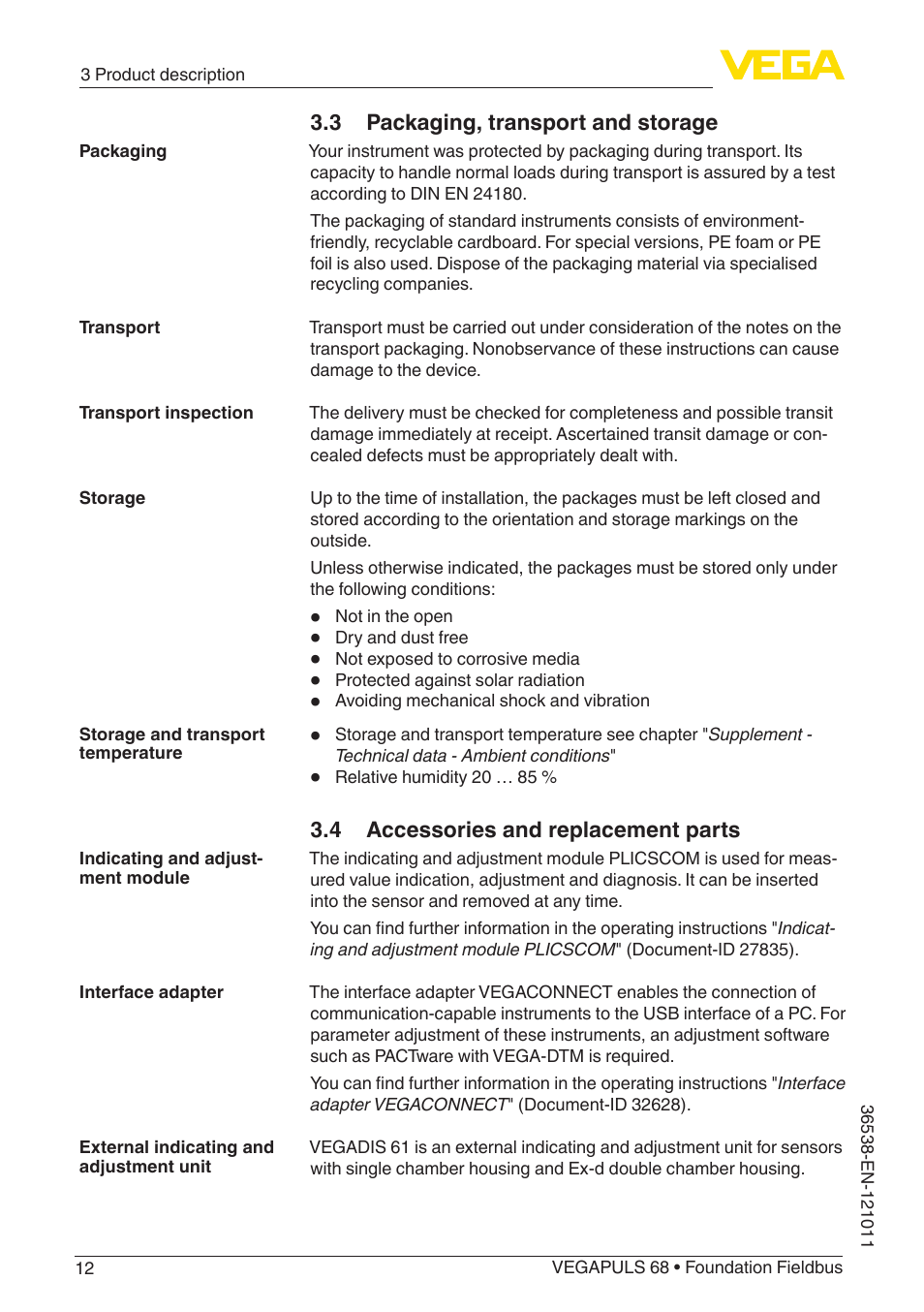 3 packaging, transport and storage, 4 accessories and replacement parts | VEGA VEGAPULS 68 (≥ 2.0.0 - ≥ 4.0.0) Foundation Fieldbus User Manual | Page 12 / 88