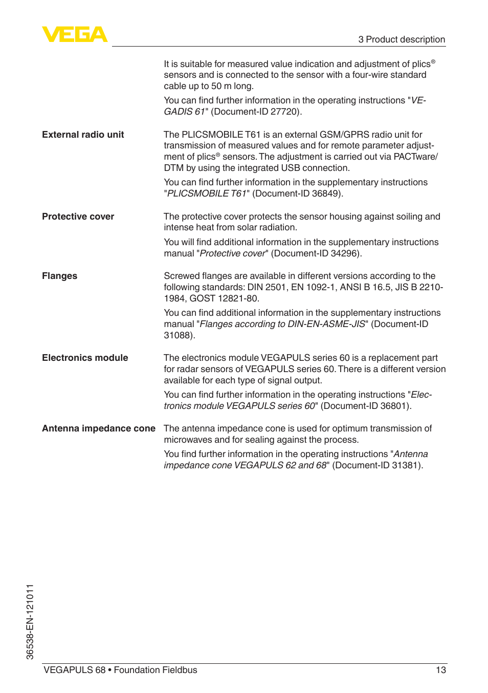 VEGA VEGAPULS 68 (≥ 2.0.0 - ≥ 4.0.0) Foundation Fieldbus User Manual | Page 13 / 88