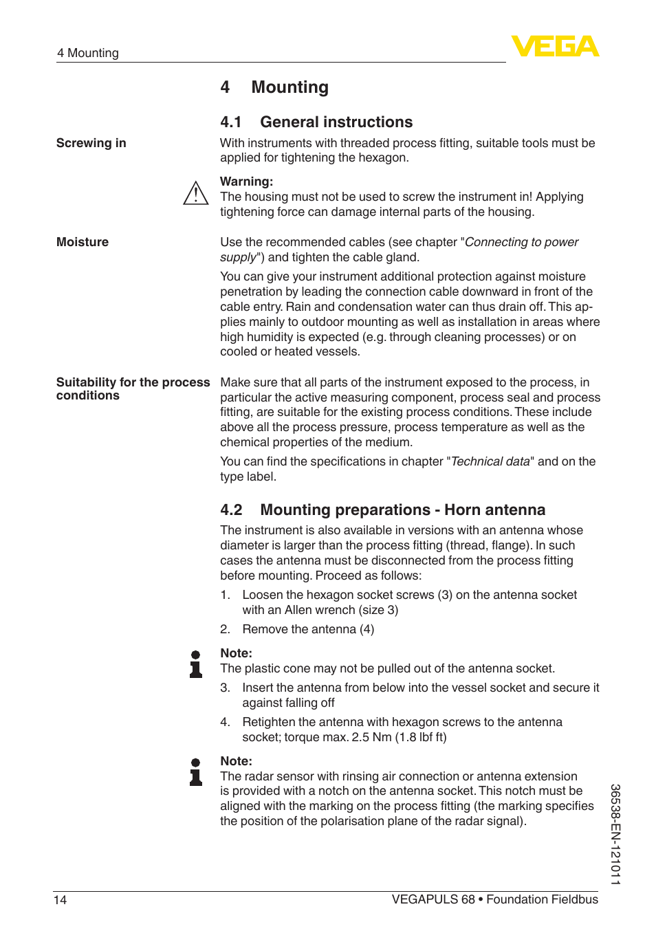 4 mounting, 1 general instructions, 2 mounting preparations - horn antenna | VEGA VEGAPULS 68 (≥ 2.0.0 - ≥ 4.0.0) Foundation Fieldbus User Manual | Page 14 / 88