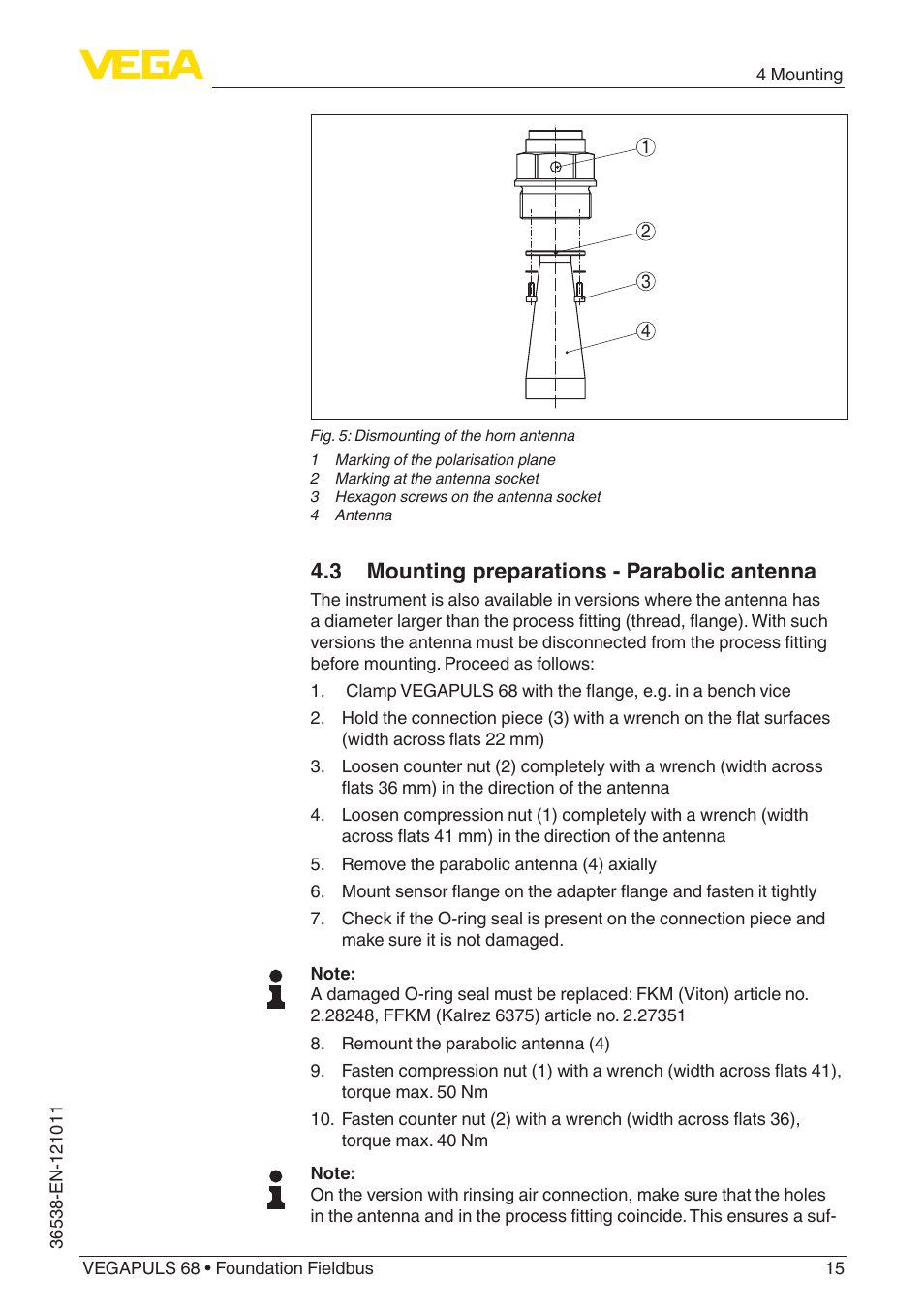 3 mounting preparations - parabolic antenna | VEGA VEGAPULS 68 (≥ 2.0.0 - ≥ 4.0.0) Foundation Fieldbus User Manual | Page 15 / 88