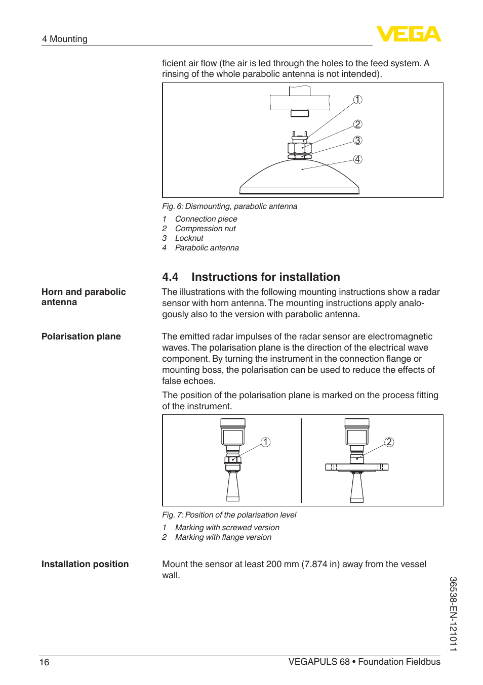 4 instructions for installation | VEGA VEGAPULS 68 (≥ 2.0.0 - ≥ 4.0.0) Foundation Fieldbus User Manual | Page 16 / 88