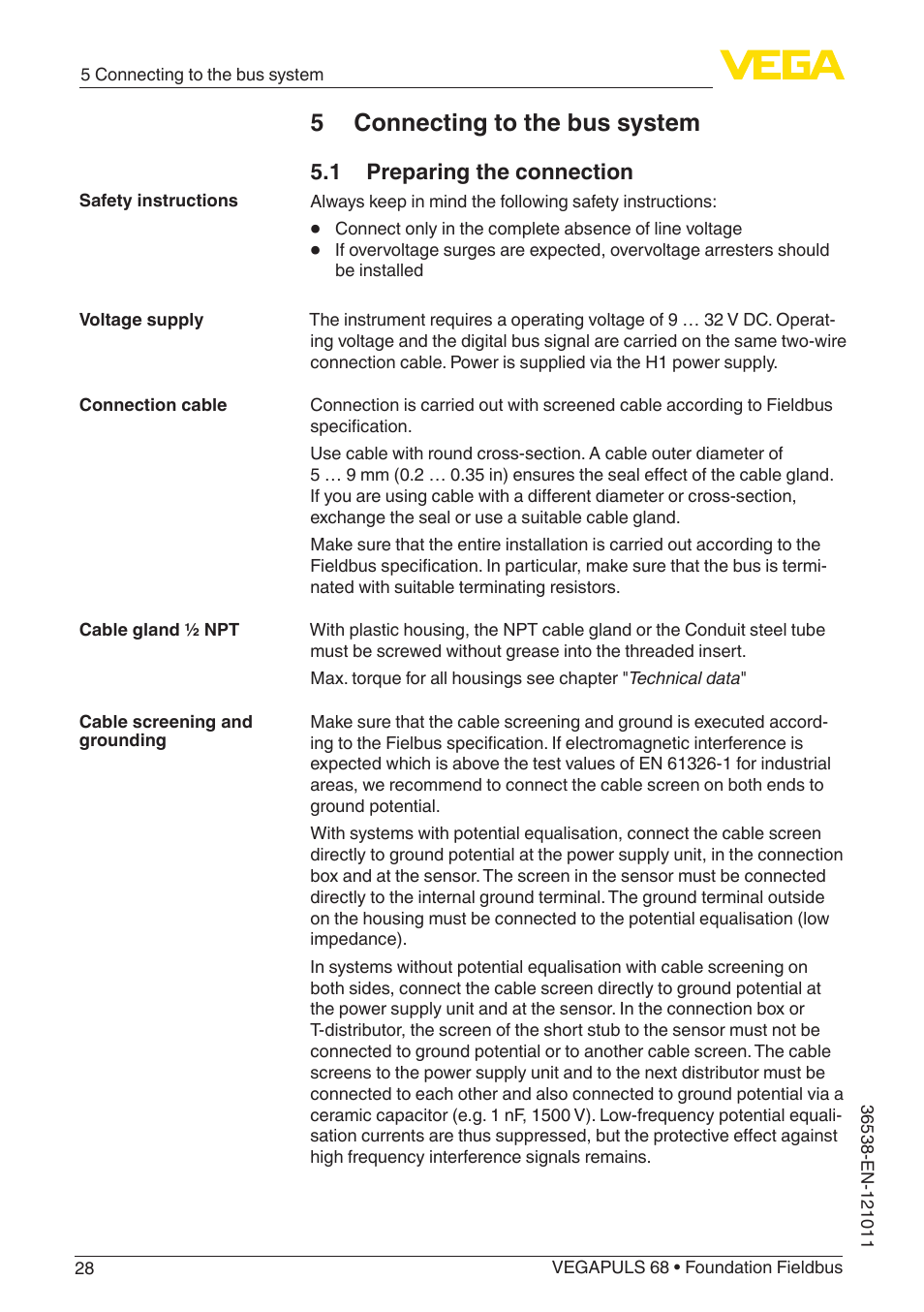 5 connecting to the bus system, 1 preparing the connection | VEGA VEGAPULS 68 (≥ 2.0.0 - ≥ 4.0.0) Foundation Fieldbus User Manual | Page 28 / 88