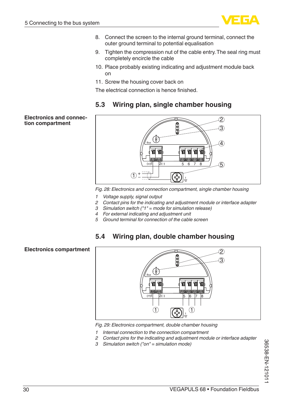 3 wiring plan, single chamber housing, 4 wiring plan, double chamber housing | VEGA VEGAPULS 68 (≥ 2.0.0 - ≥ 4.0.0) Foundation Fieldbus User Manual | Page 30 / 88